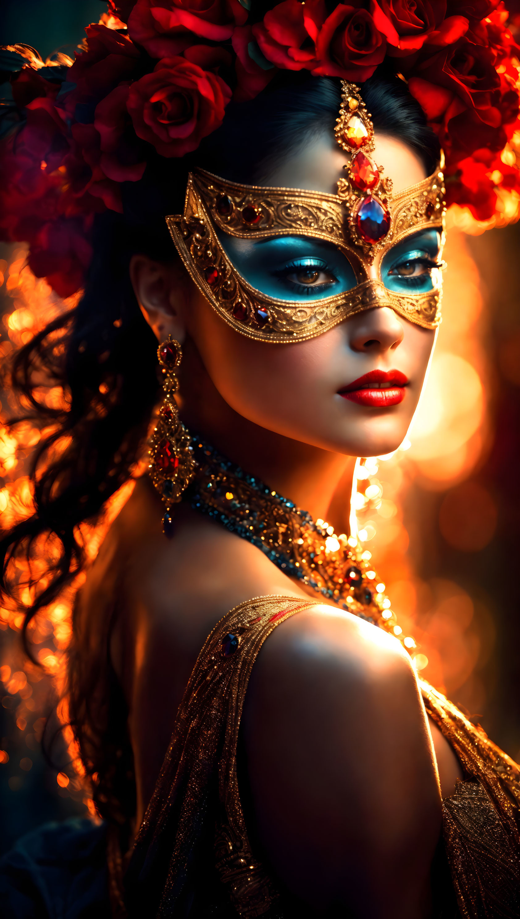 Woman with floral crown and golden mask under dramatic lighting