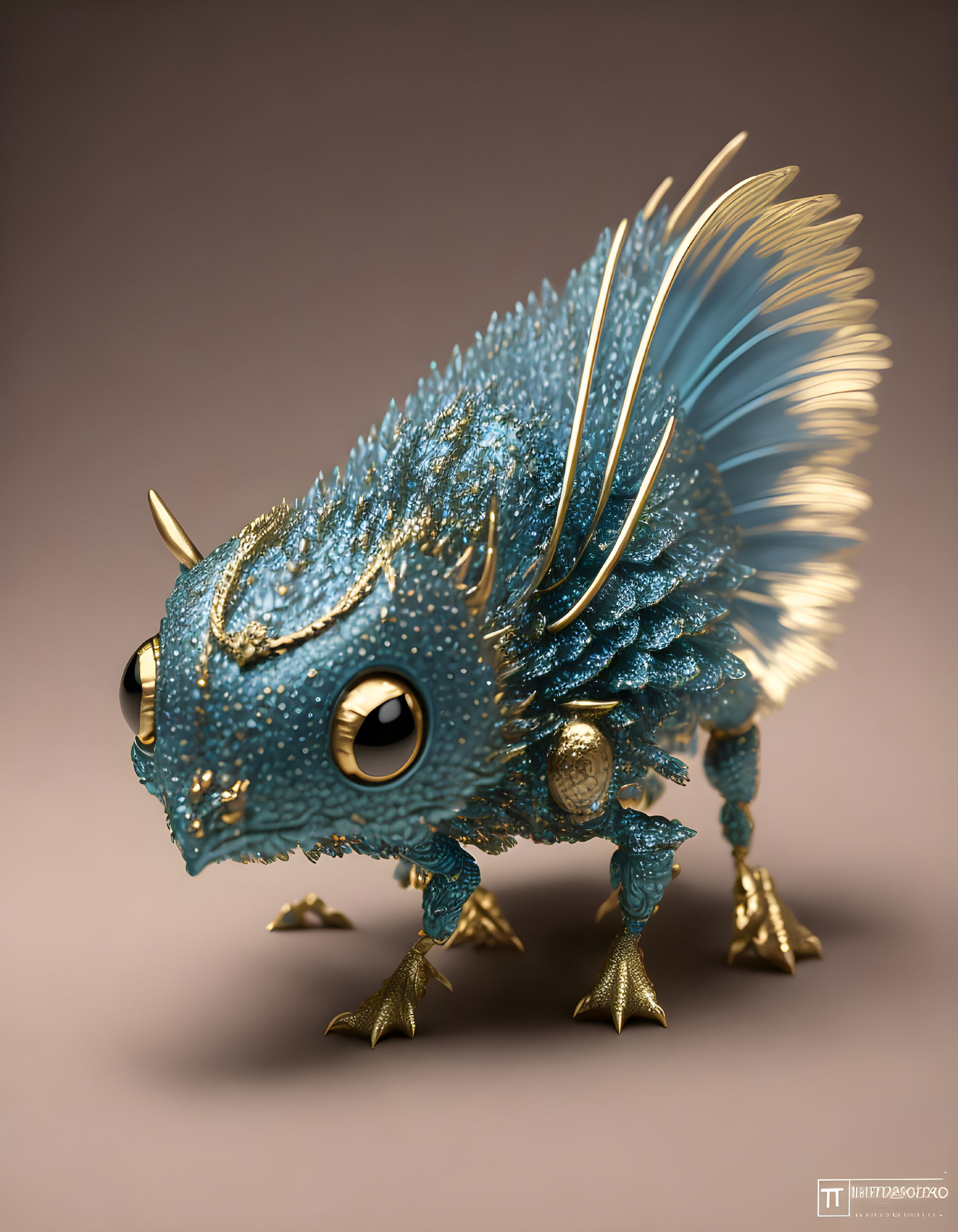 Blue-Scaled Bird-Reptile Creature with Golden Accents