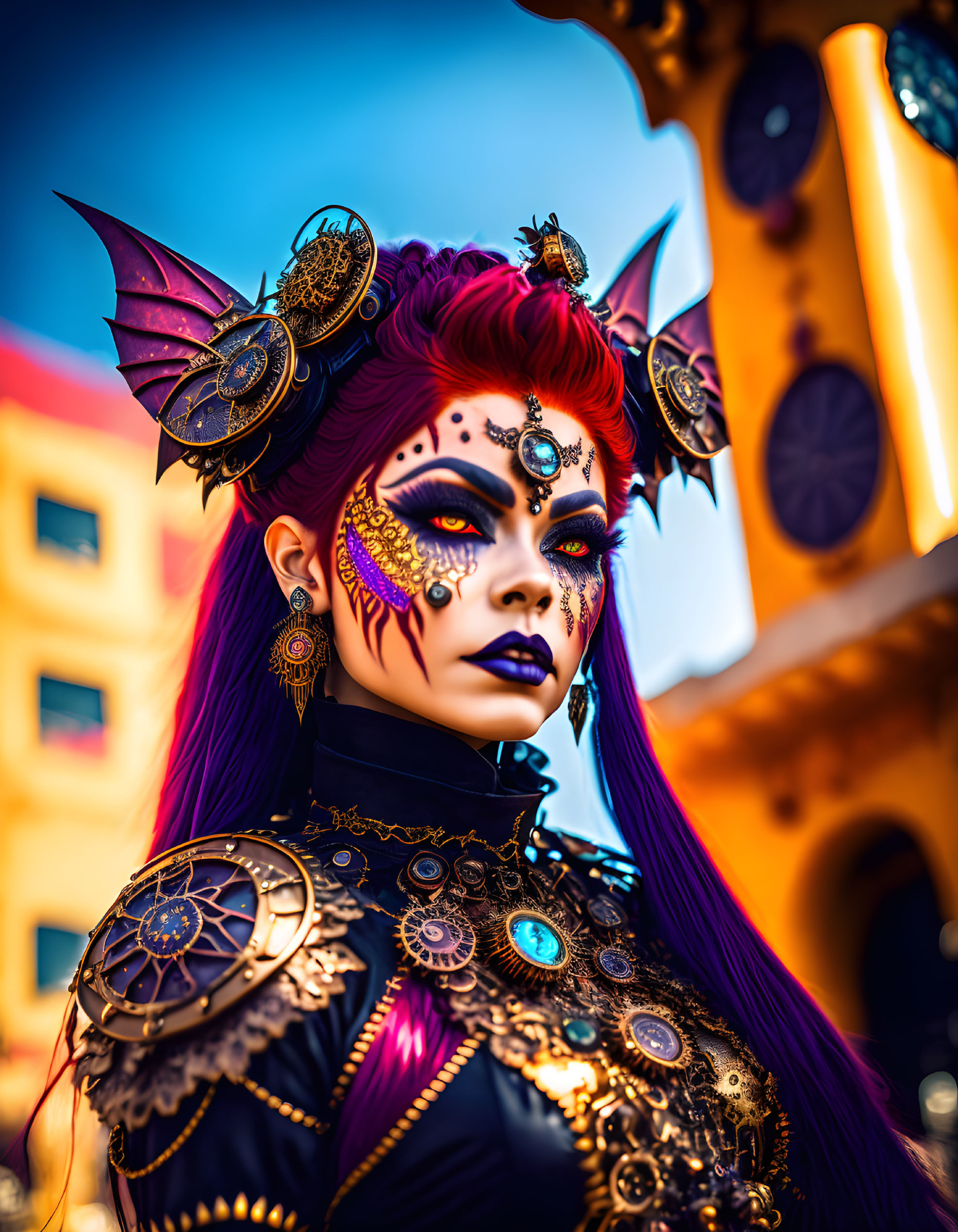 Vibrant red hair and gold fantasy makeup on woman with elaborate headgear and shoulder armor pose against