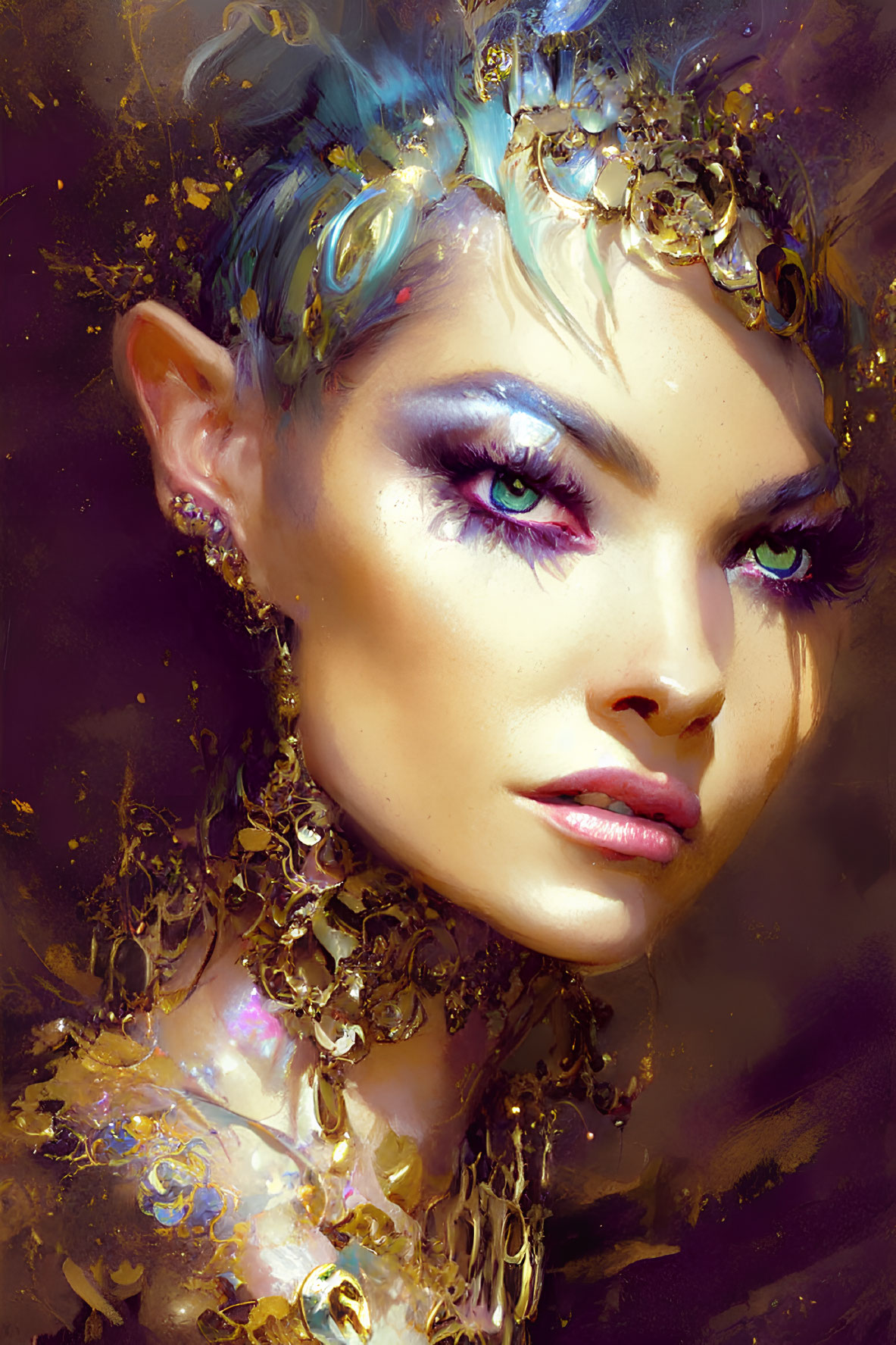 Fantasy portrait of woman with blue hair and gold jewelry on warm textured backdrop