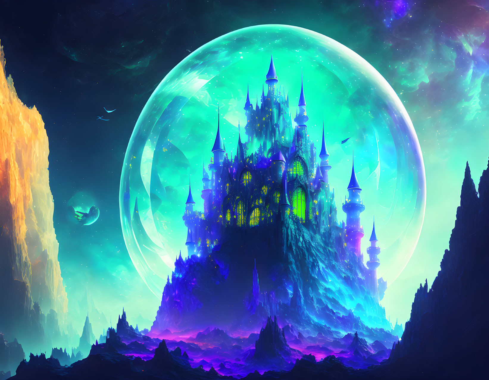 Fantastical castle with spires under giant moon and nebula.