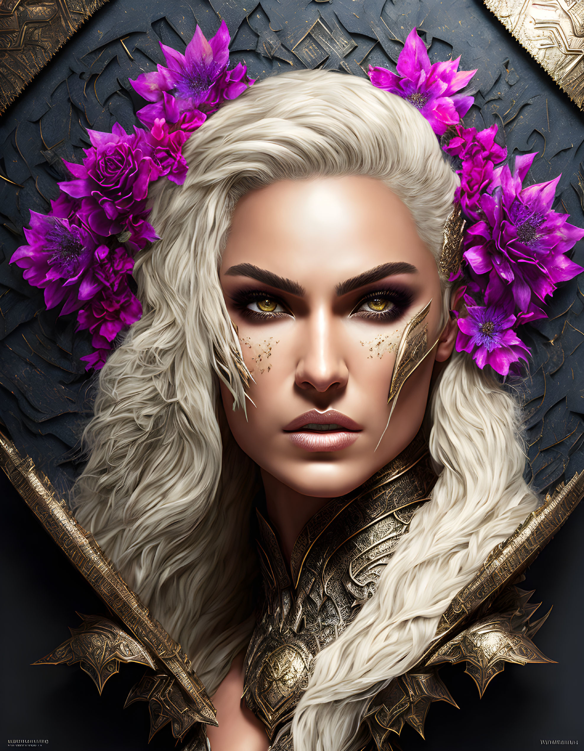 Illustration of woman with pink flower hair, dramatic makeup, gold & white armor