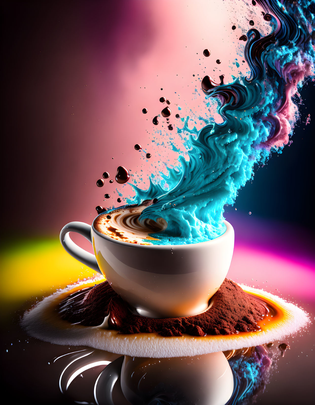 Artistic coffee cup with swirling blue vapor, floating beans, and powder bed