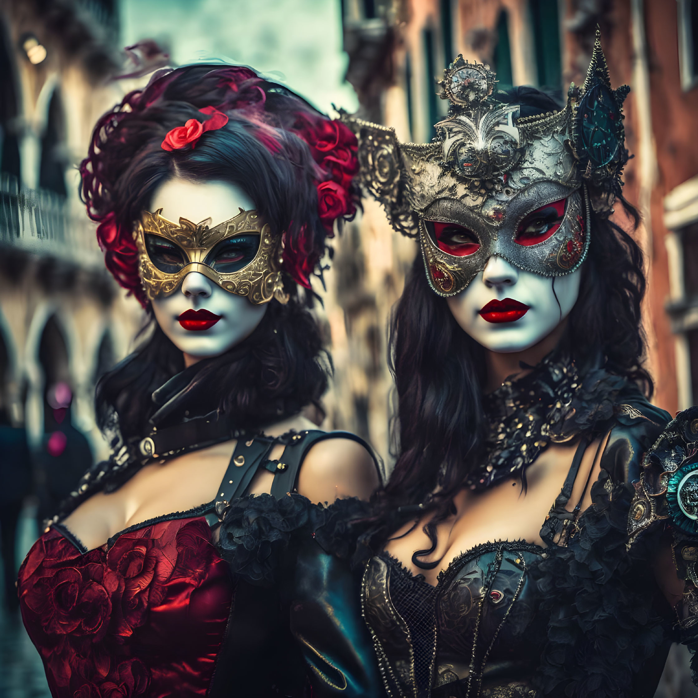 Two individuals in Venetian masks and elaborate costumes with gothic tones.