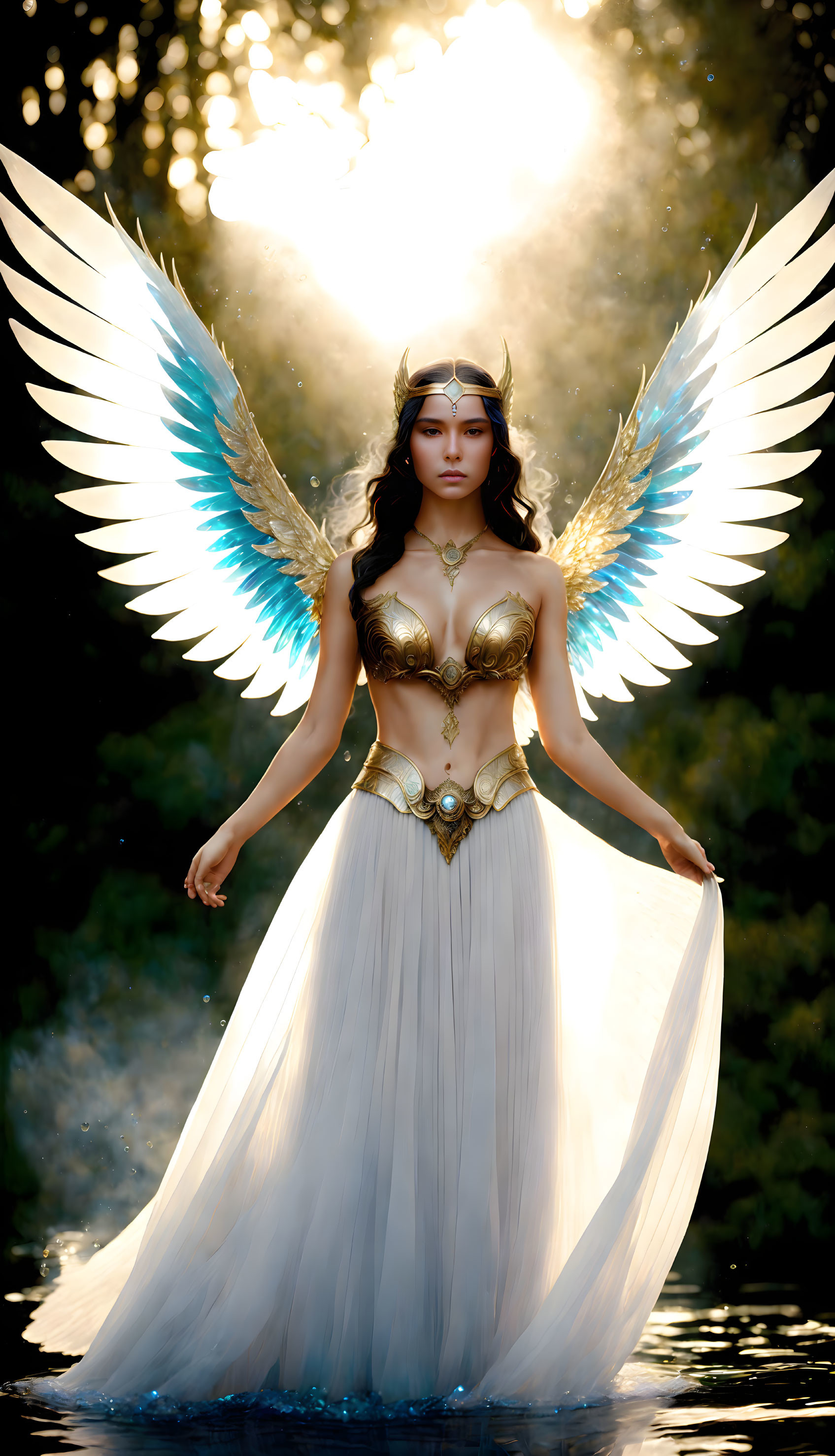 Angel costume with white and blue wings in forest setting