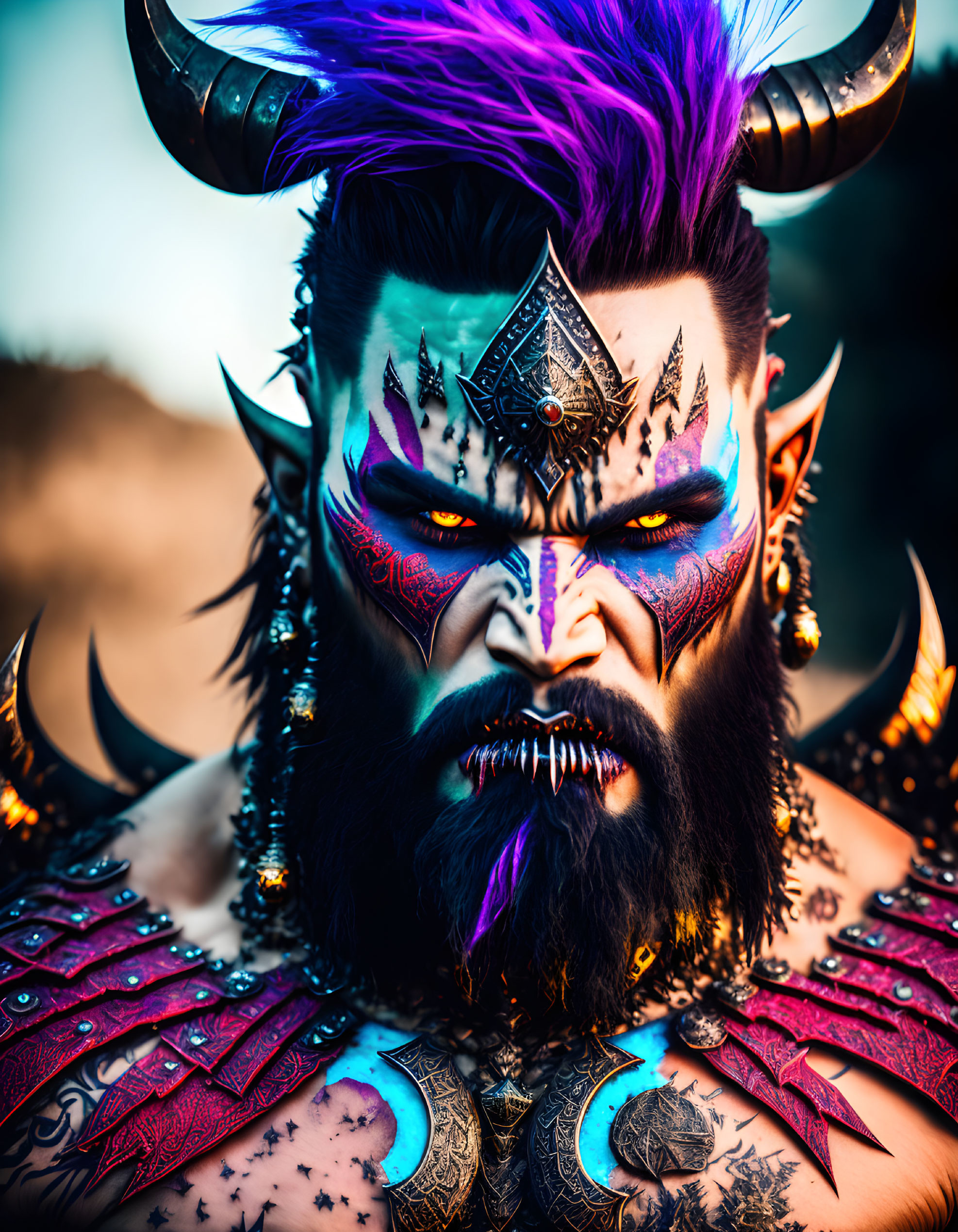 Fantasy character with horns, detailed makeup, armor, and jewelry