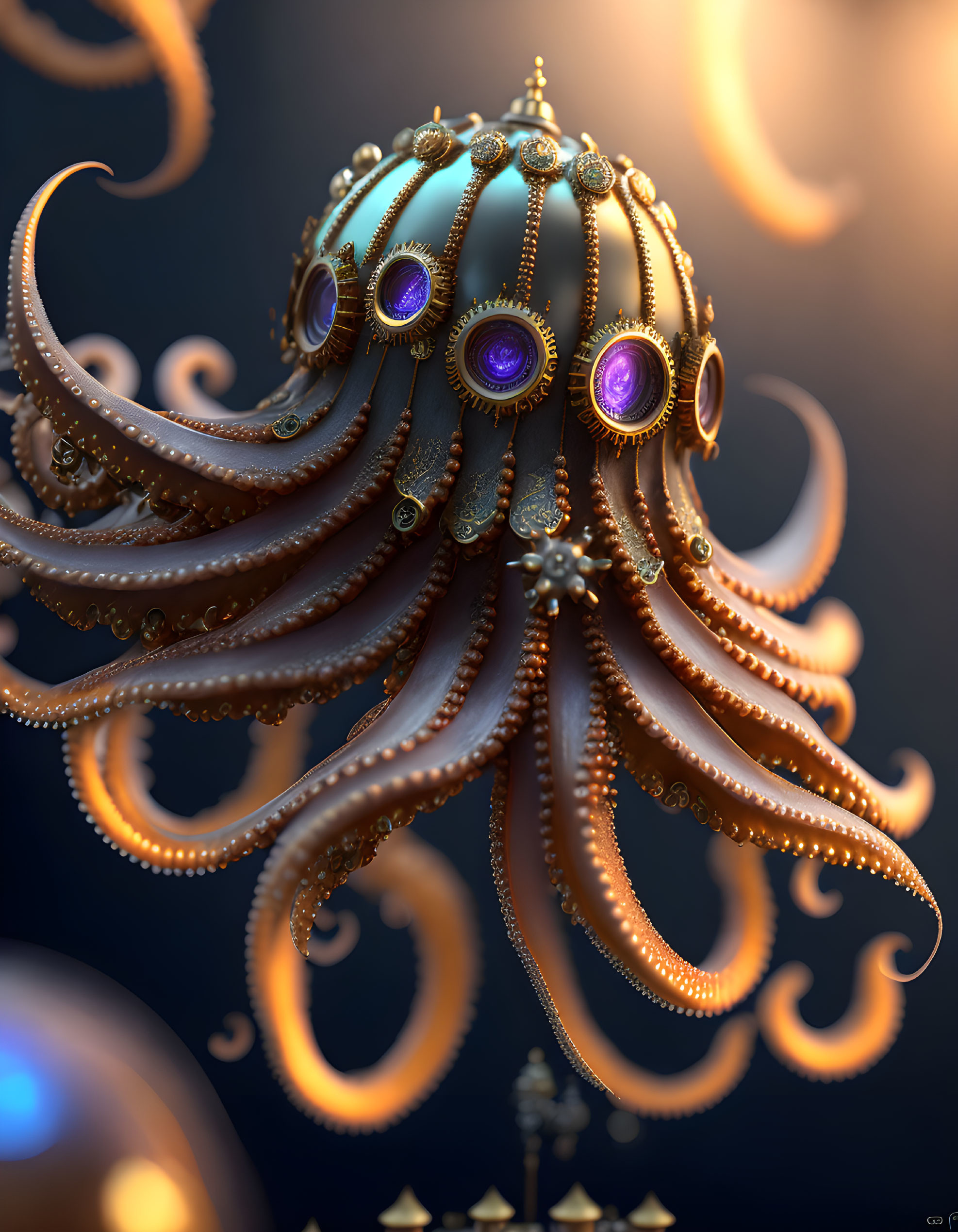 Ornate jeweled octopus creature on dark bokeh background