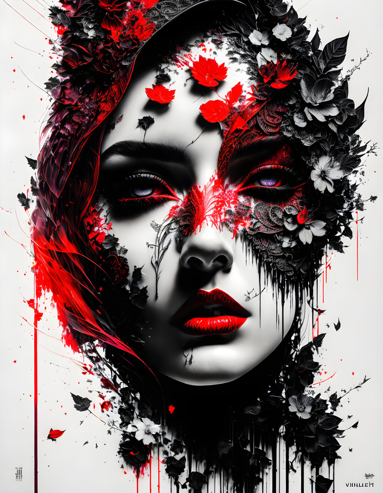 Digital Artwork: Woman's Face in Greyscale with Red Accents