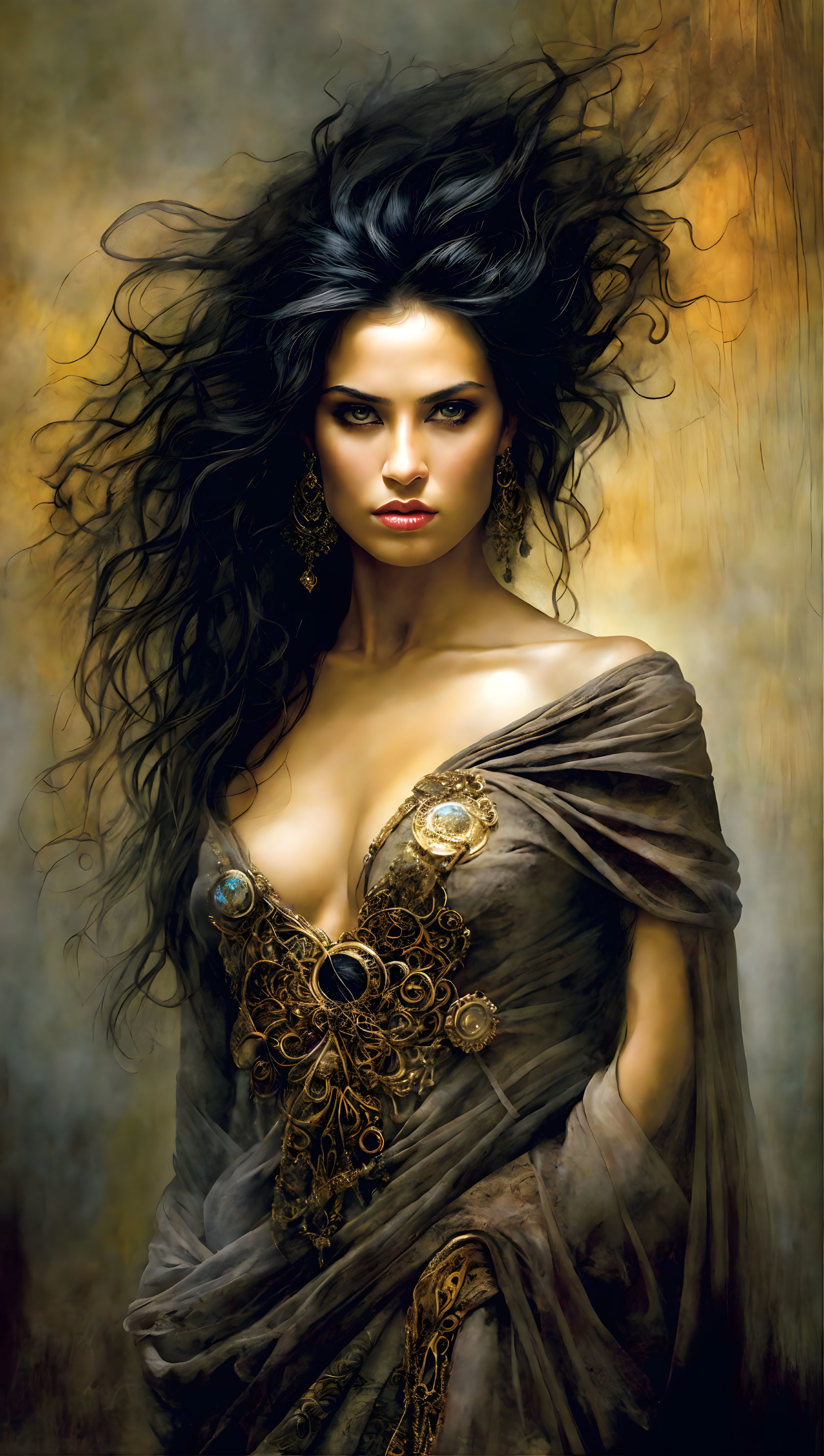 Digital artwork: Woman with black hair, intense gaze, gold necklace, brown garment