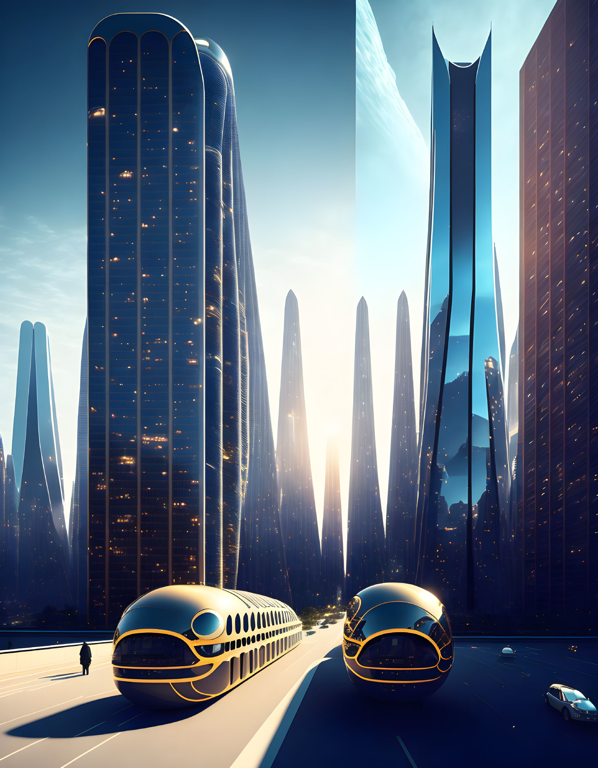 Futuristic cityscape with high-rise buildings and pod-like vehicles at twilight