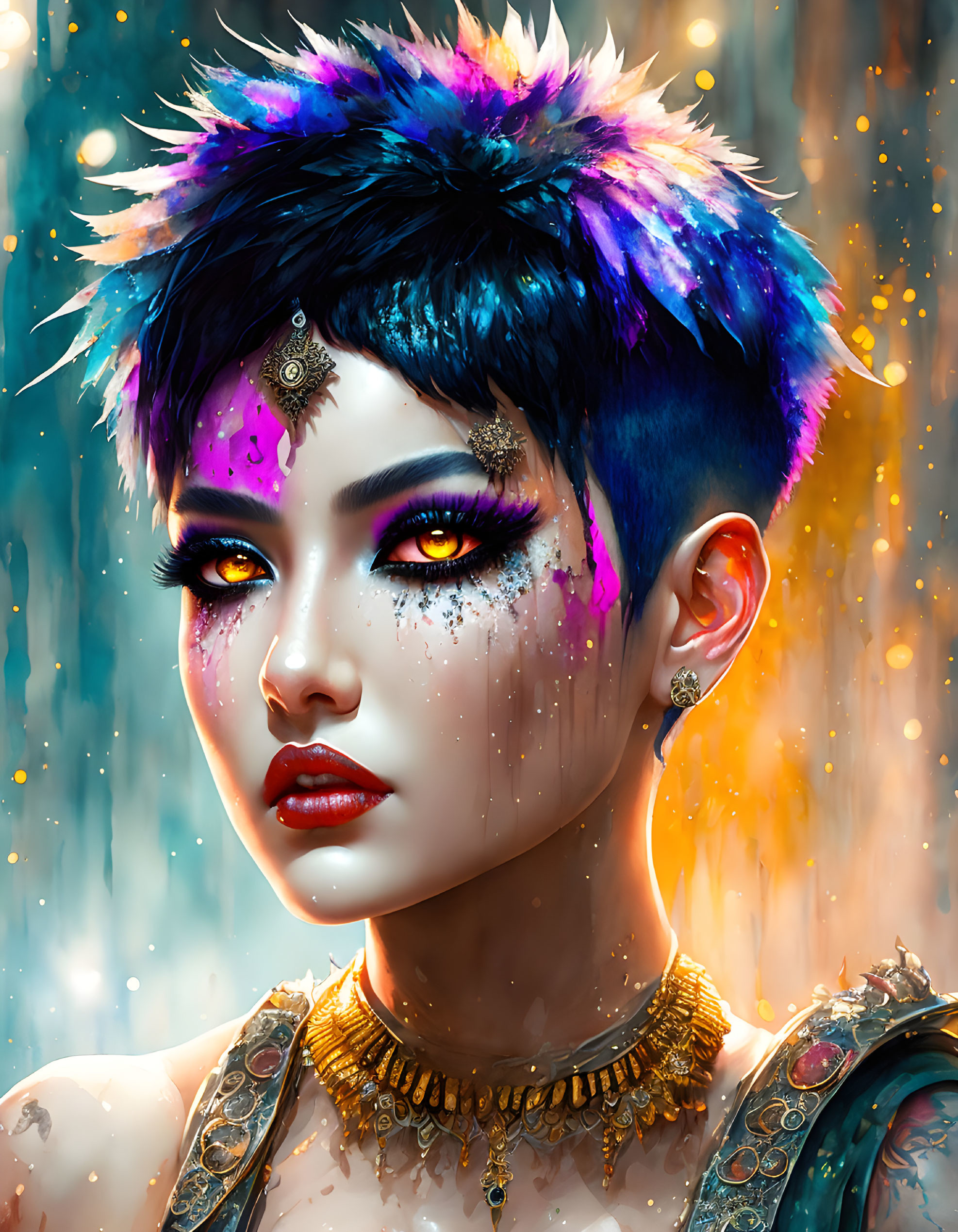 Vibrant digital artwork of woman with blue and purple haircut and gold jewelry