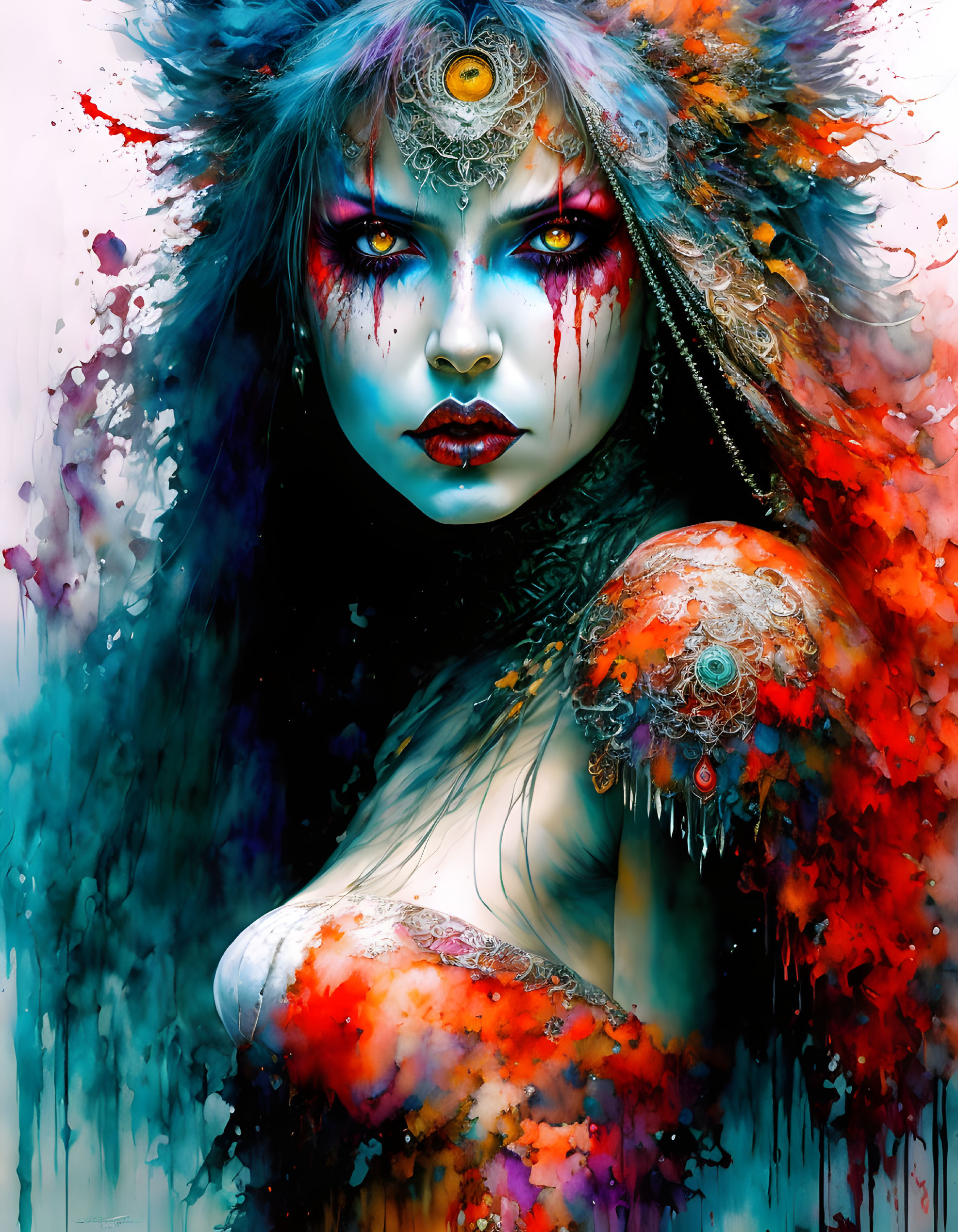 Colorful Abstract Makeup & Eye-Centered Headpiece on Woman