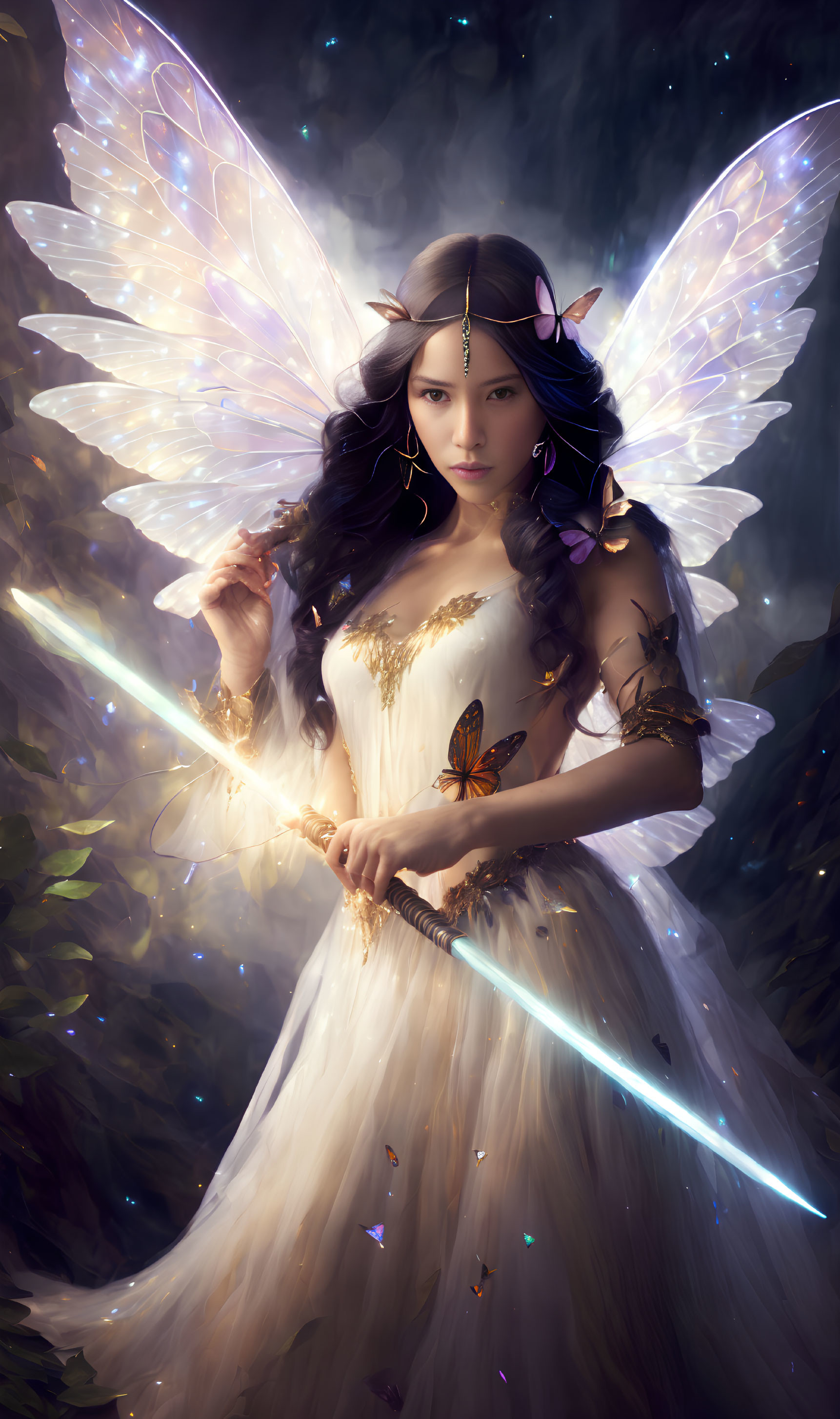 Mystical winged woman with glowing wand in dark forest surrounded by butterflies.