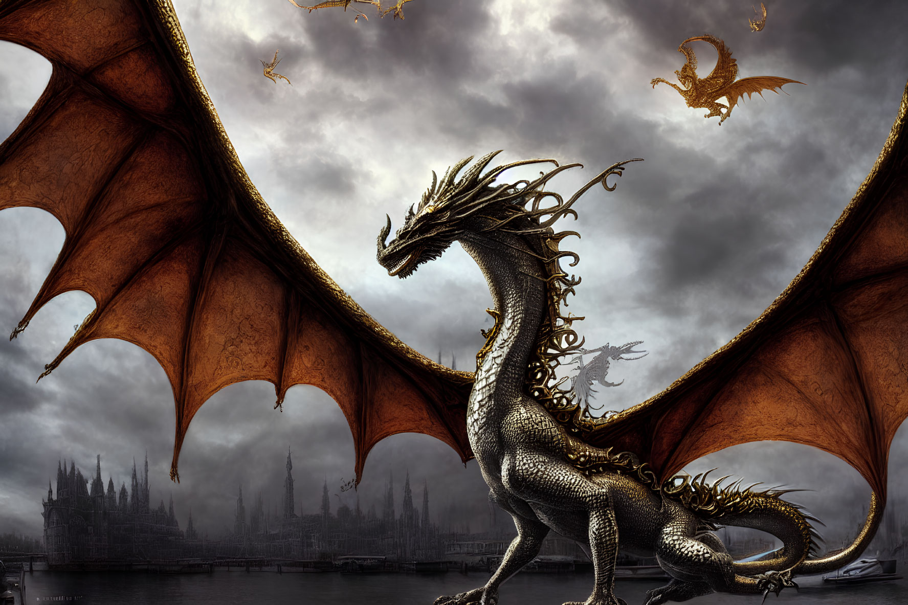 Silver dragon with expansive wings against brooding sky and castle, with smaller dragons.