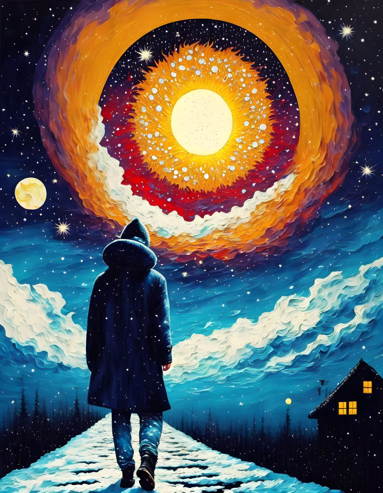 Person in Blue Coat Gazes at Glowing Moon on Snowy Path