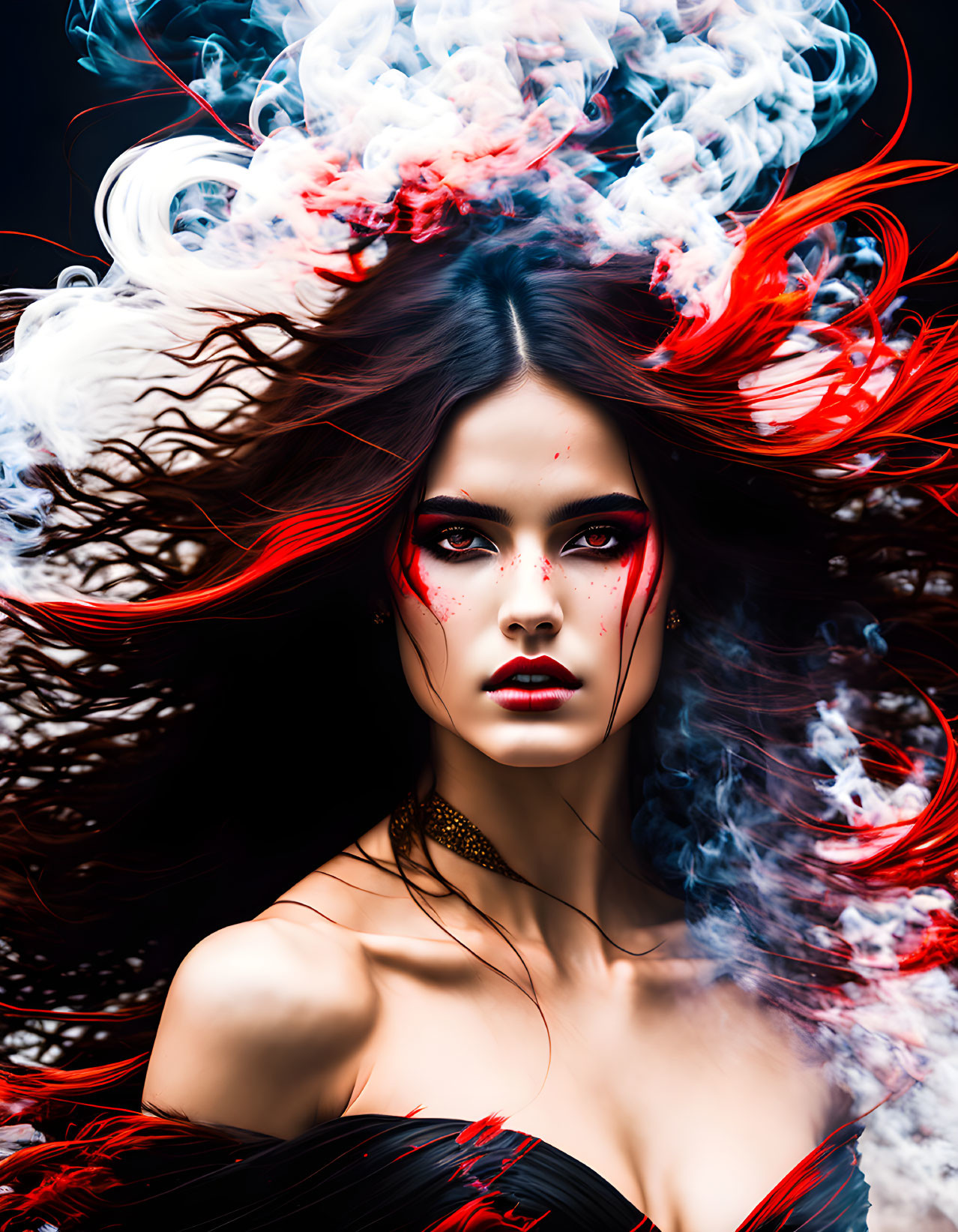 Dramatic portrait of a woman with red and black hair in swirling smoke