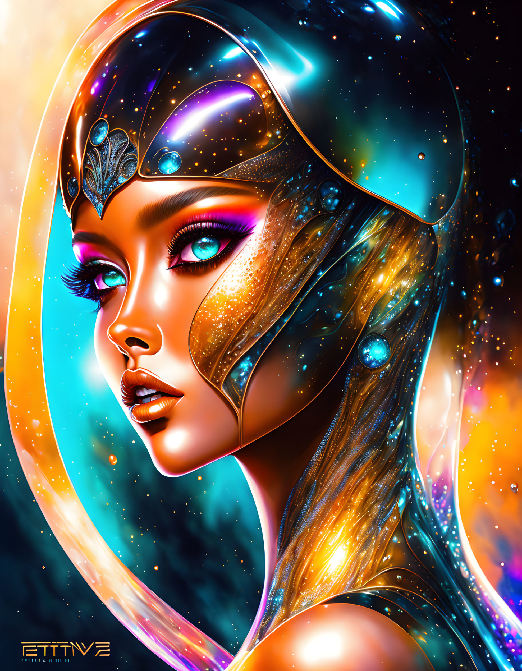 Digital Art: Woman with Cosmic Makeup and Ornate Helmet in Starry Space