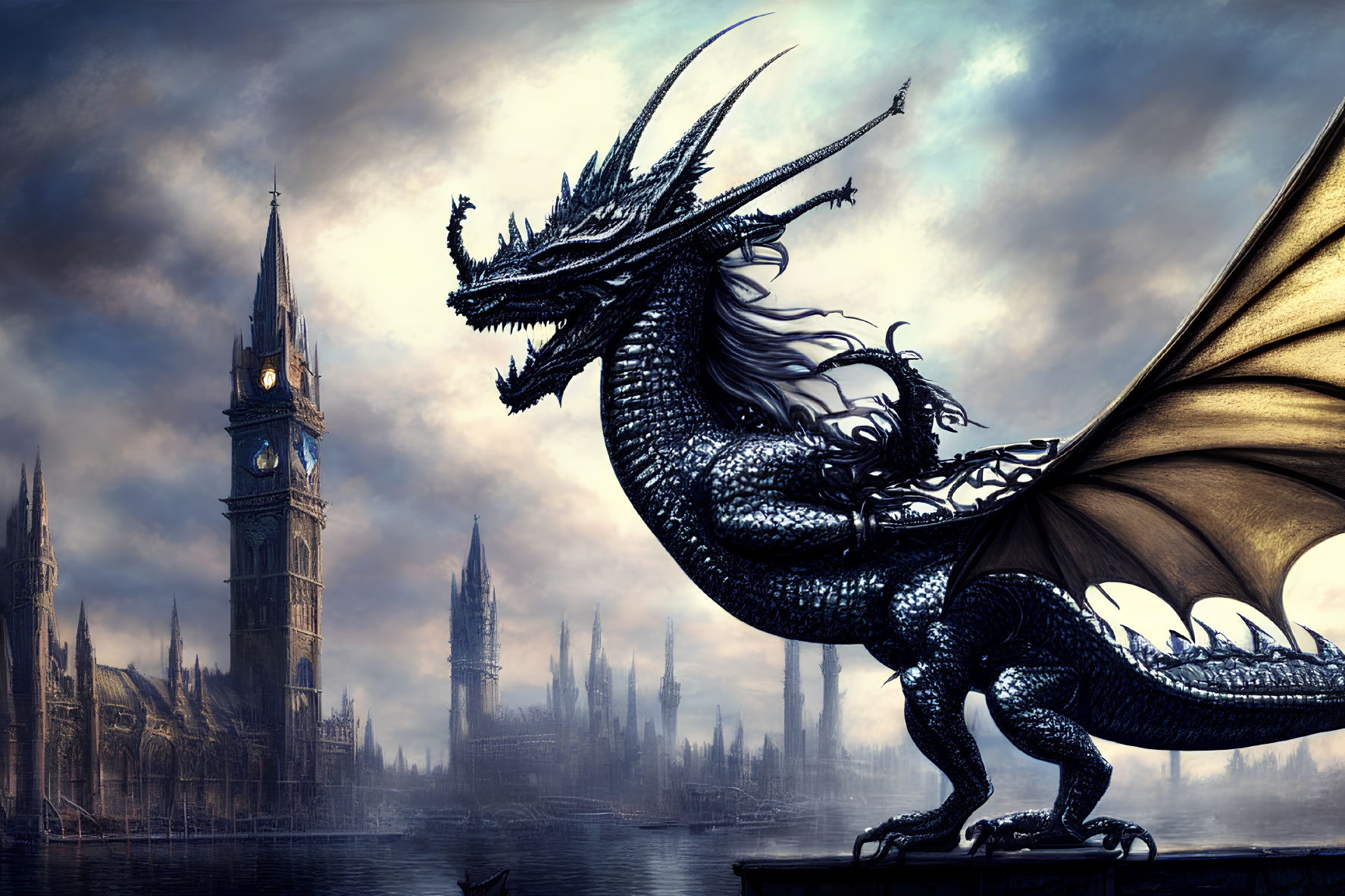 Black dragon by misty river near gothic skyline with clock tower