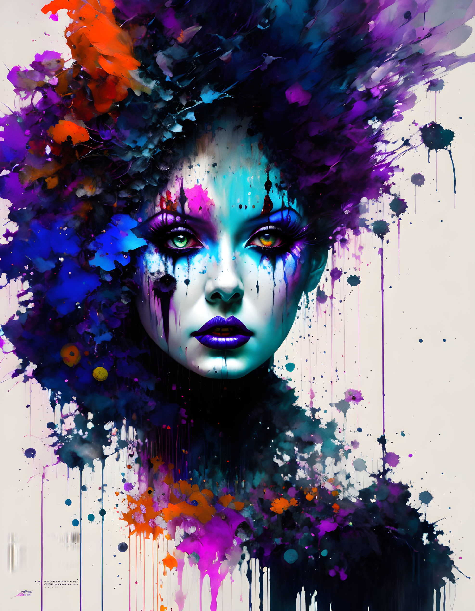 Colorful Ink and Paint Artwork of Woman with Purple, Blue, and Orange Tones