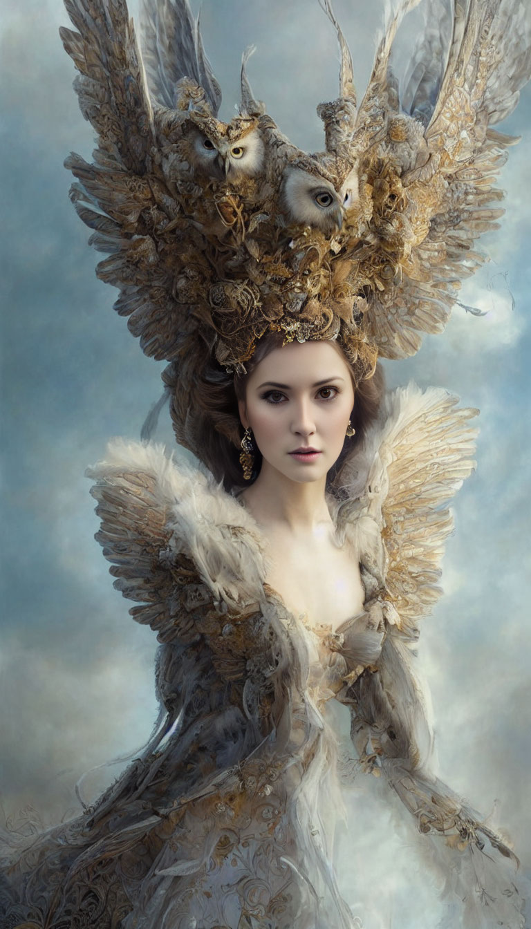 Woman in owl-themed headdress and costume against misty backdrop