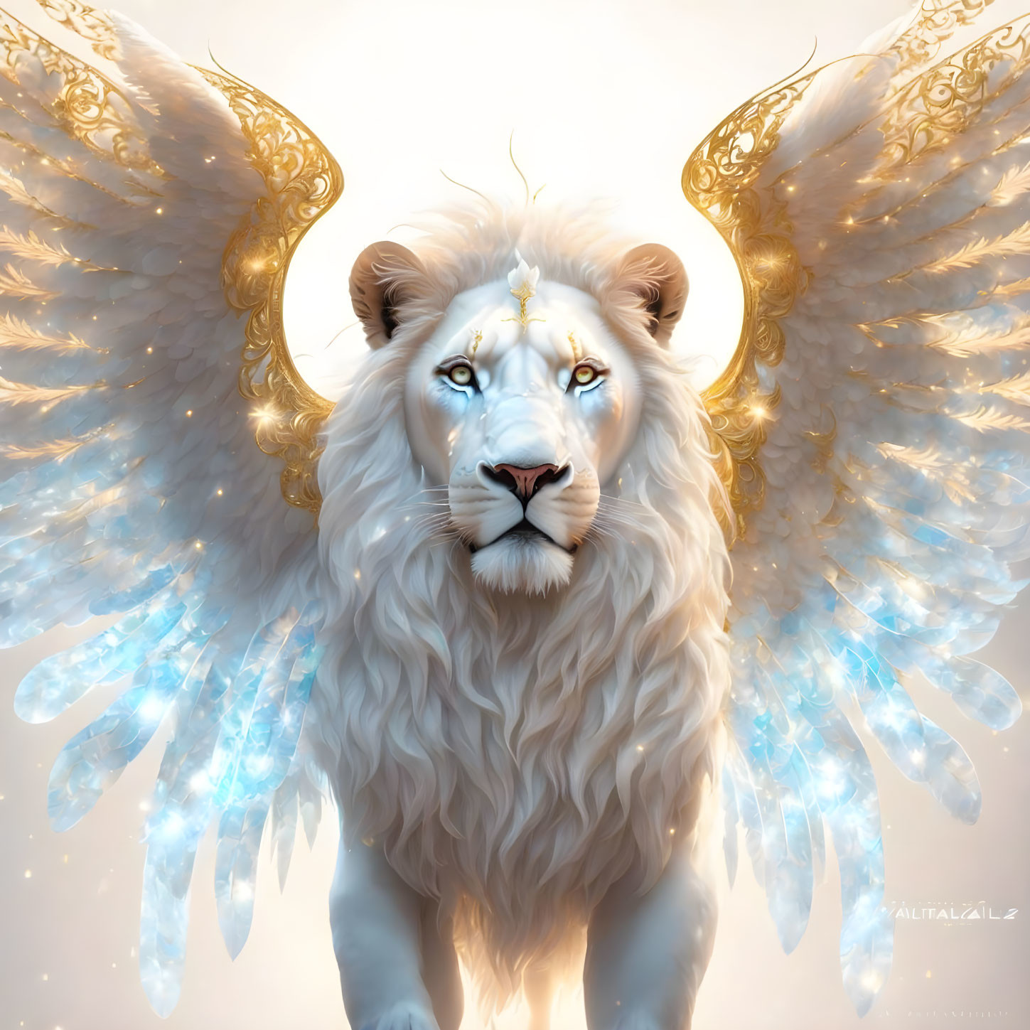 White lion with golden wings on glowing backdrop