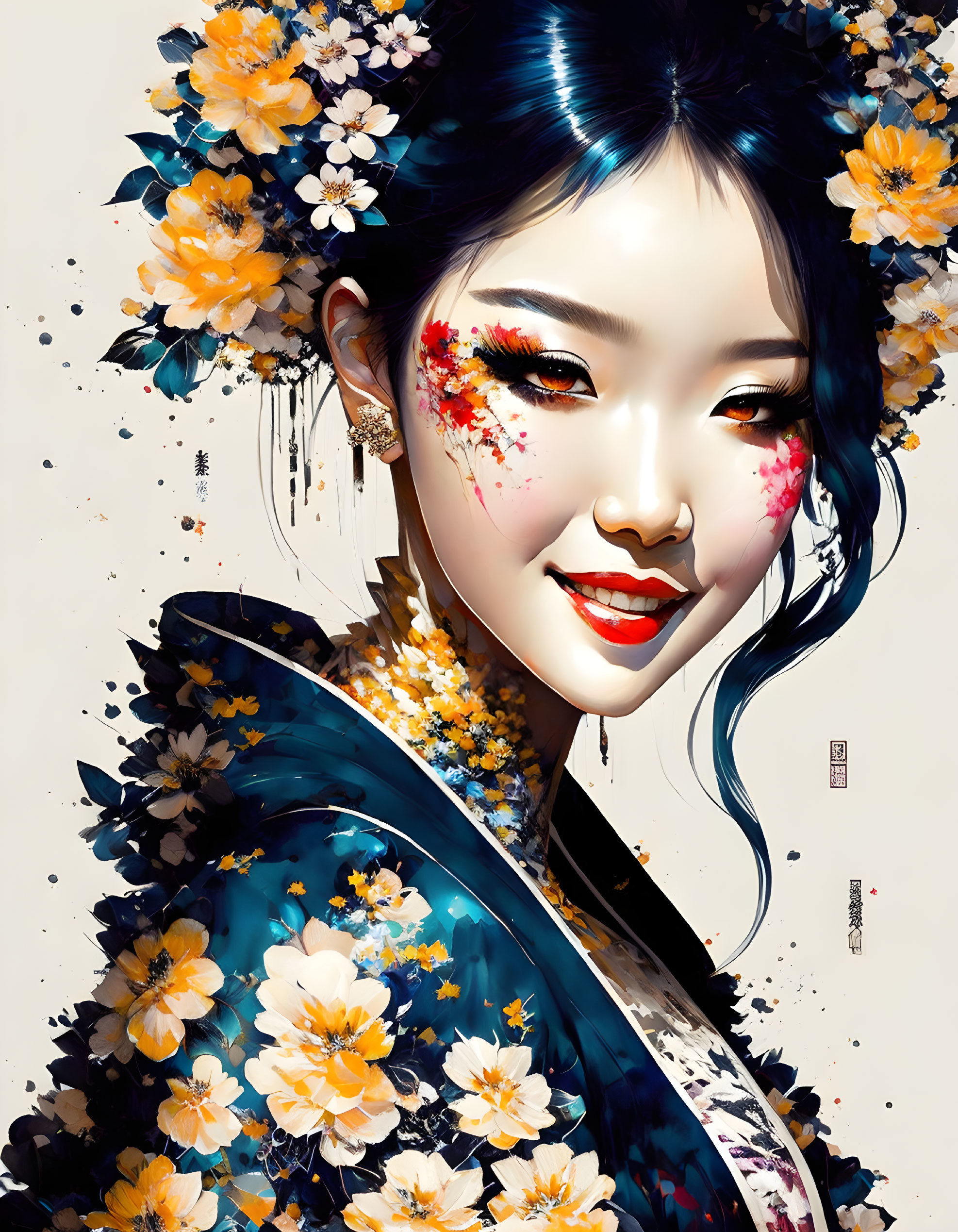 Colorful digital artwork: Woman with floral hairstyle and intricate makeup