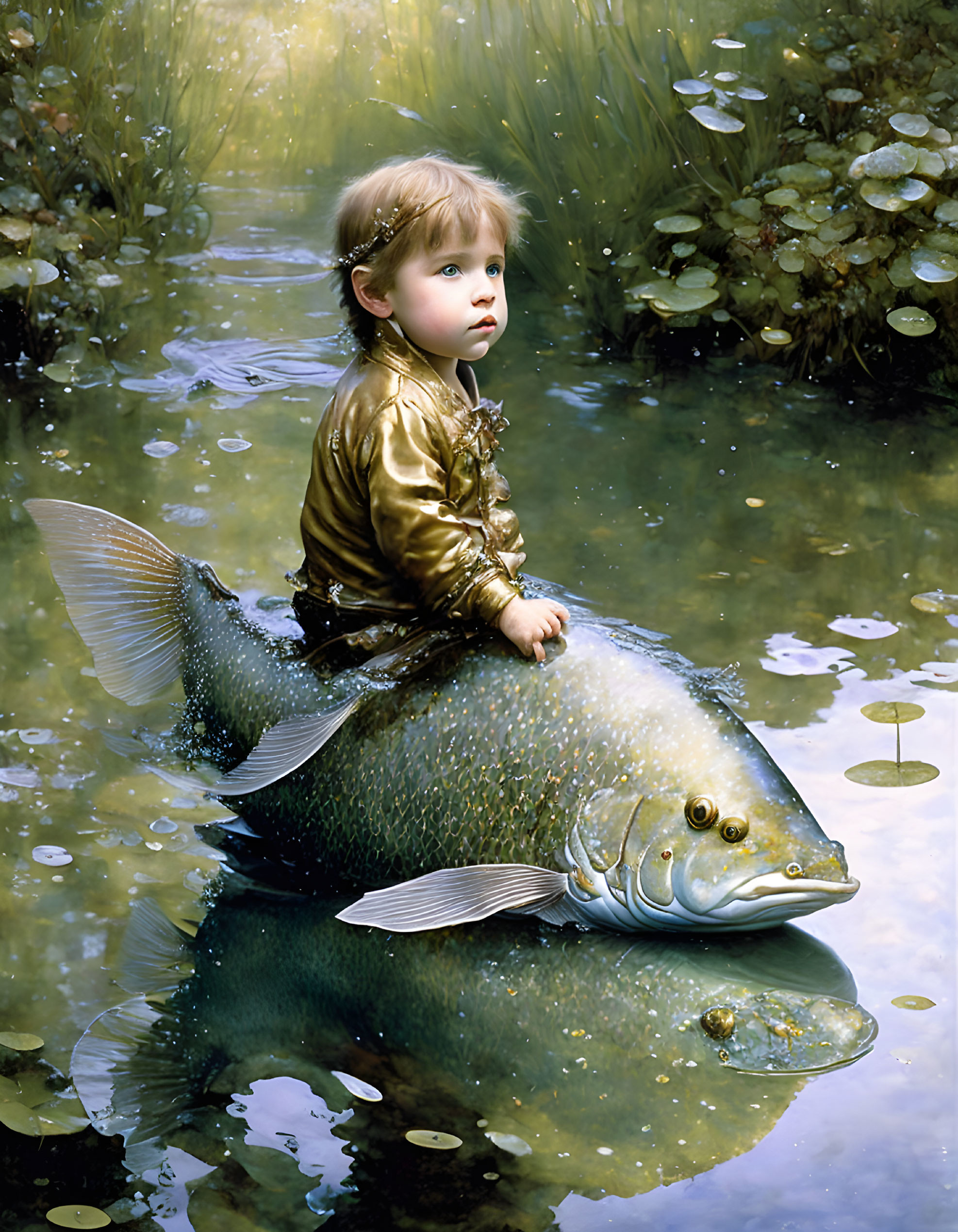 Child in gold outfit riding giant fish in pond with lily pads