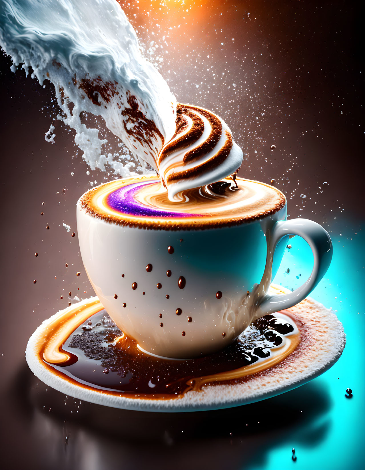 Artistic foam swirl on cappuccino with milk splashes and coffee droplets on dark background