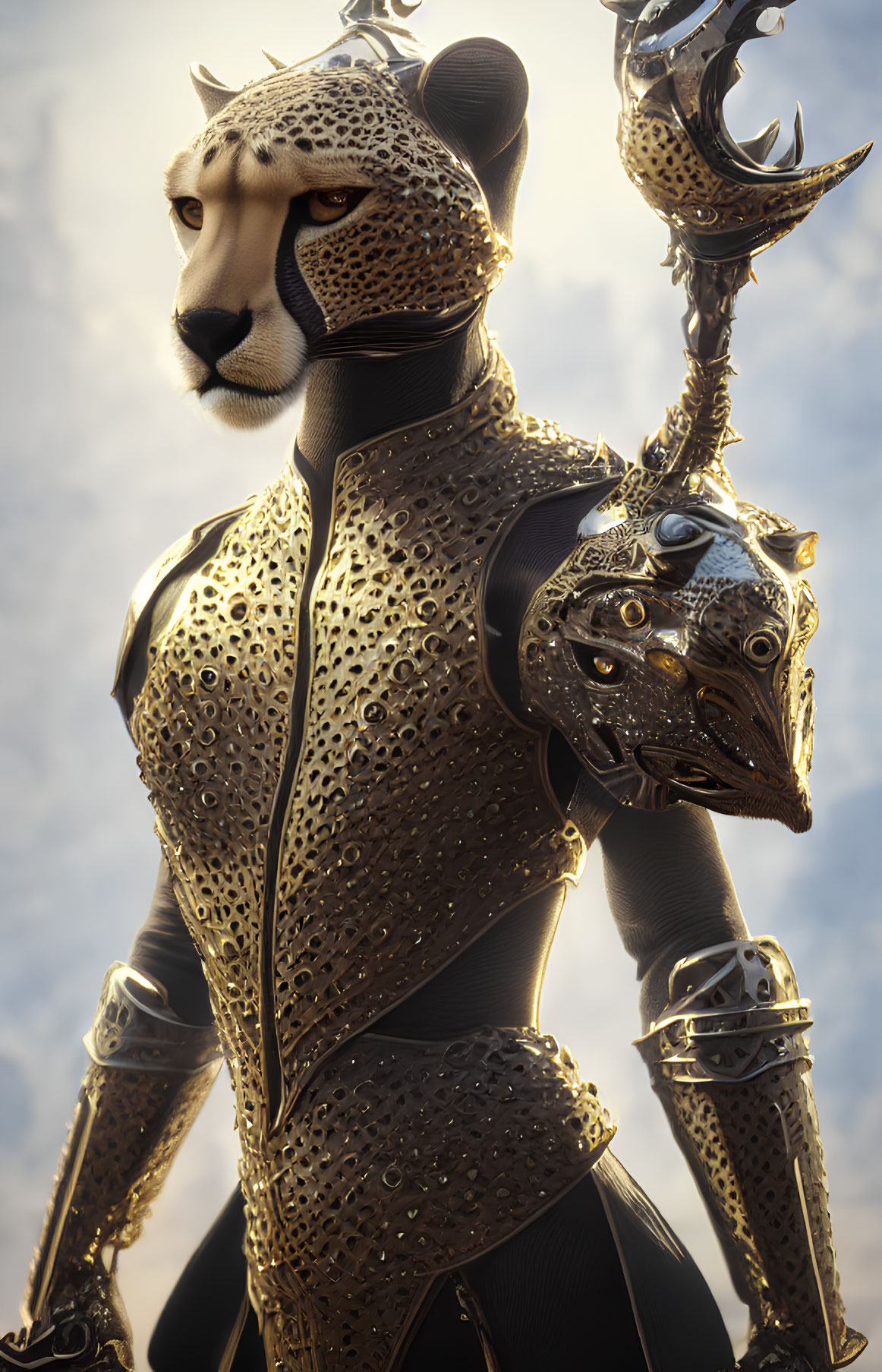 Anthropomorphic Cheetah Warrior in Golden Armor with Crescent-Bladed Staff