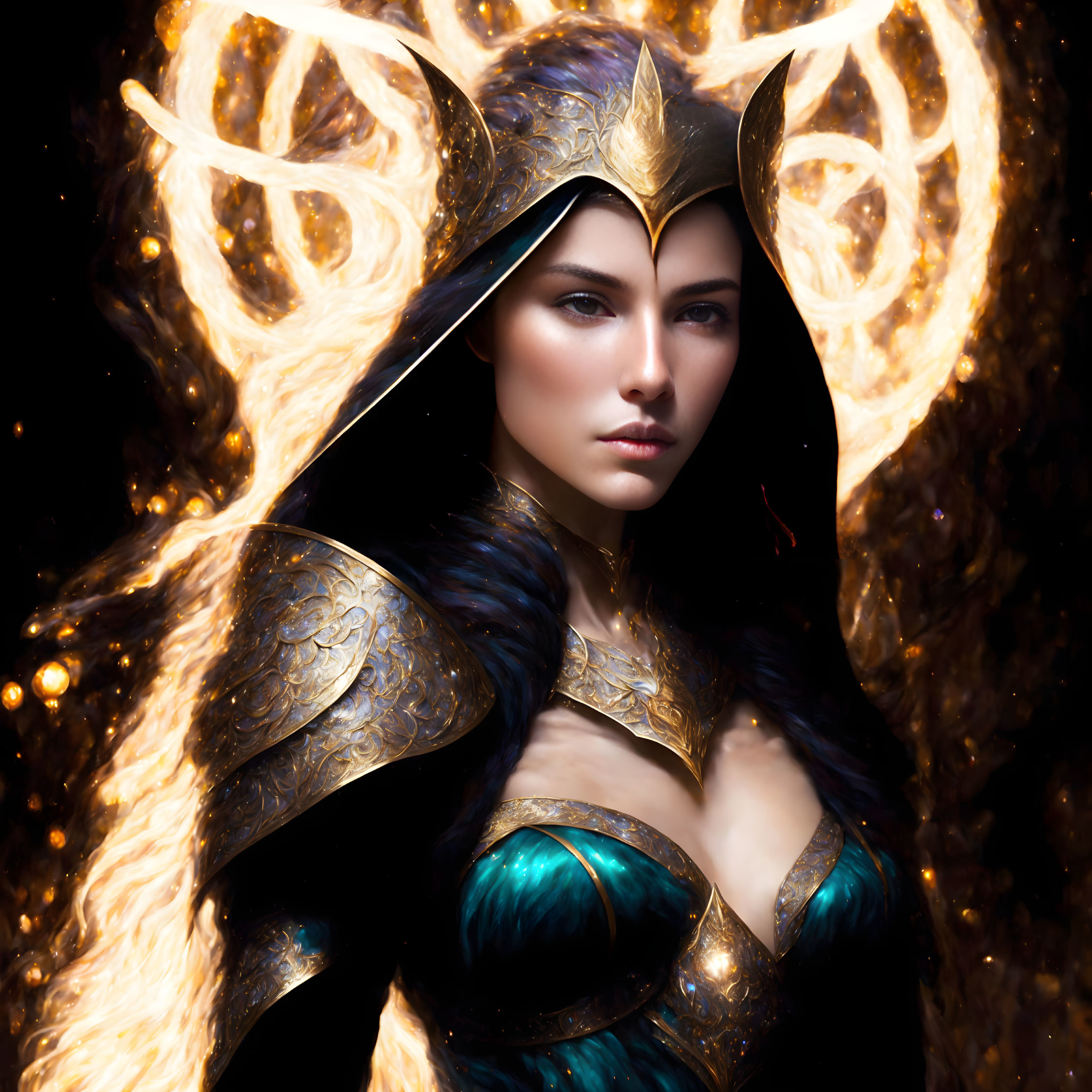 Fantasy woman in golden armor with fiery aura and intense gaze