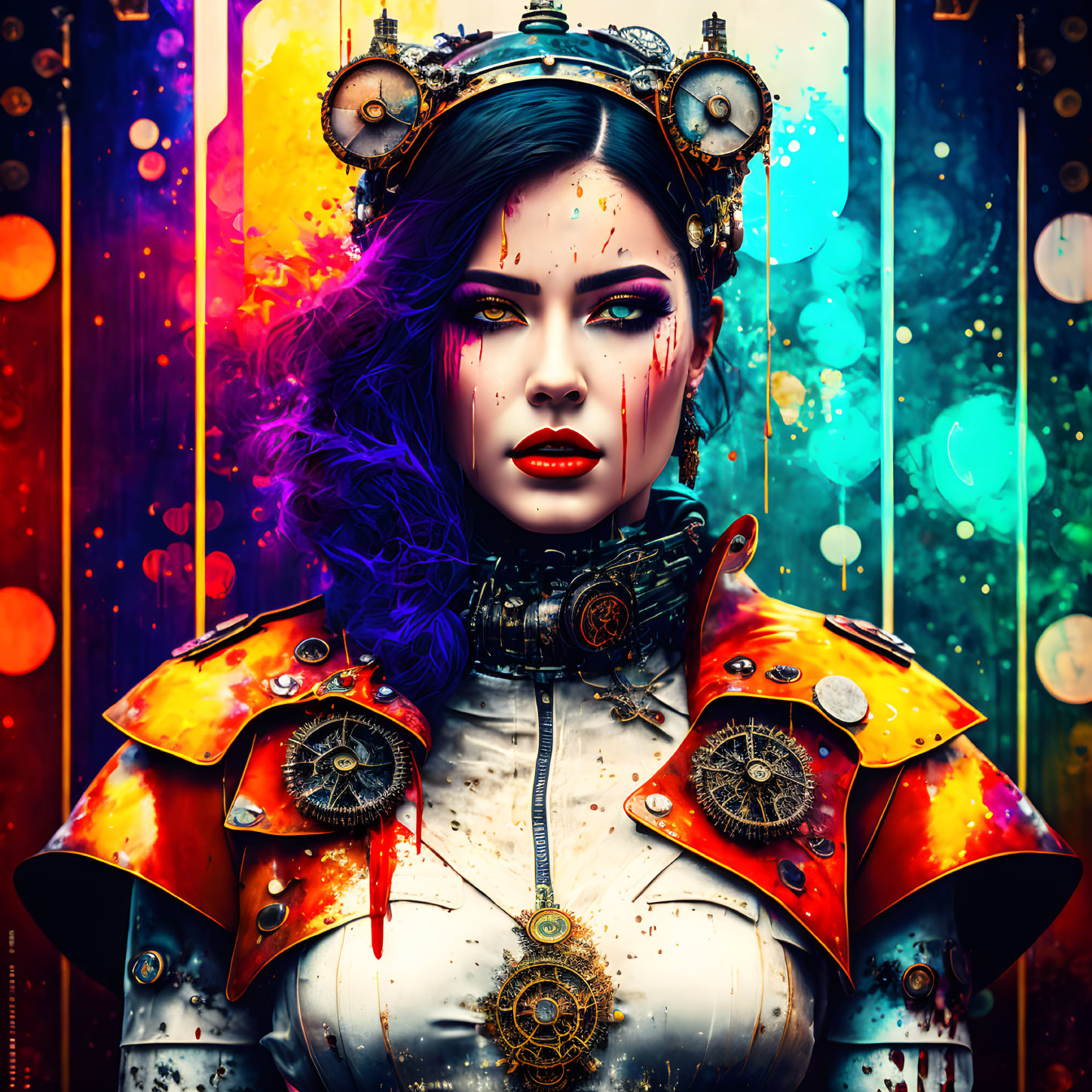 Colorful steampunk portrait of woman with purple hair