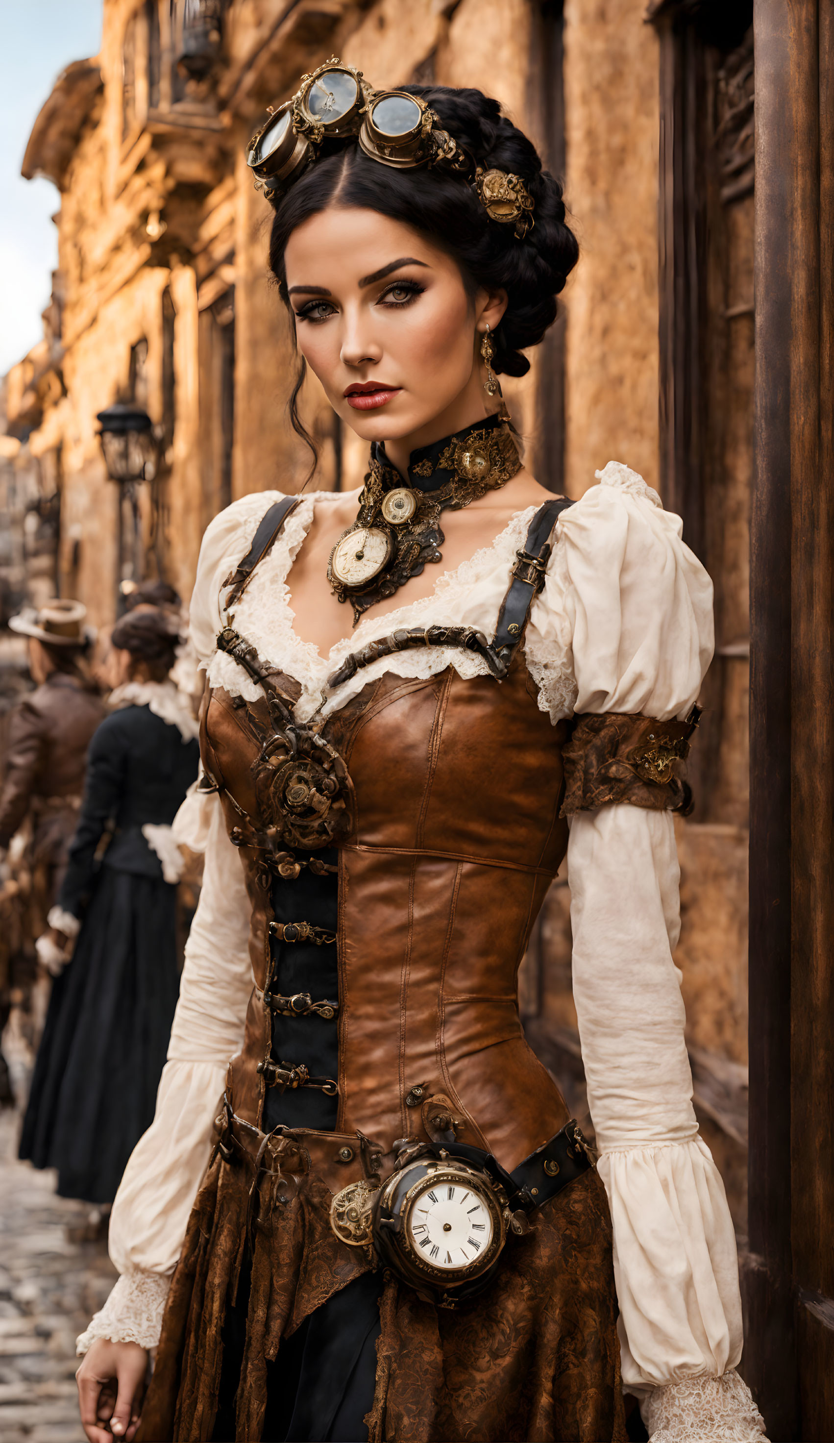 Steampunk woman in Victorian attire on cobblestone street