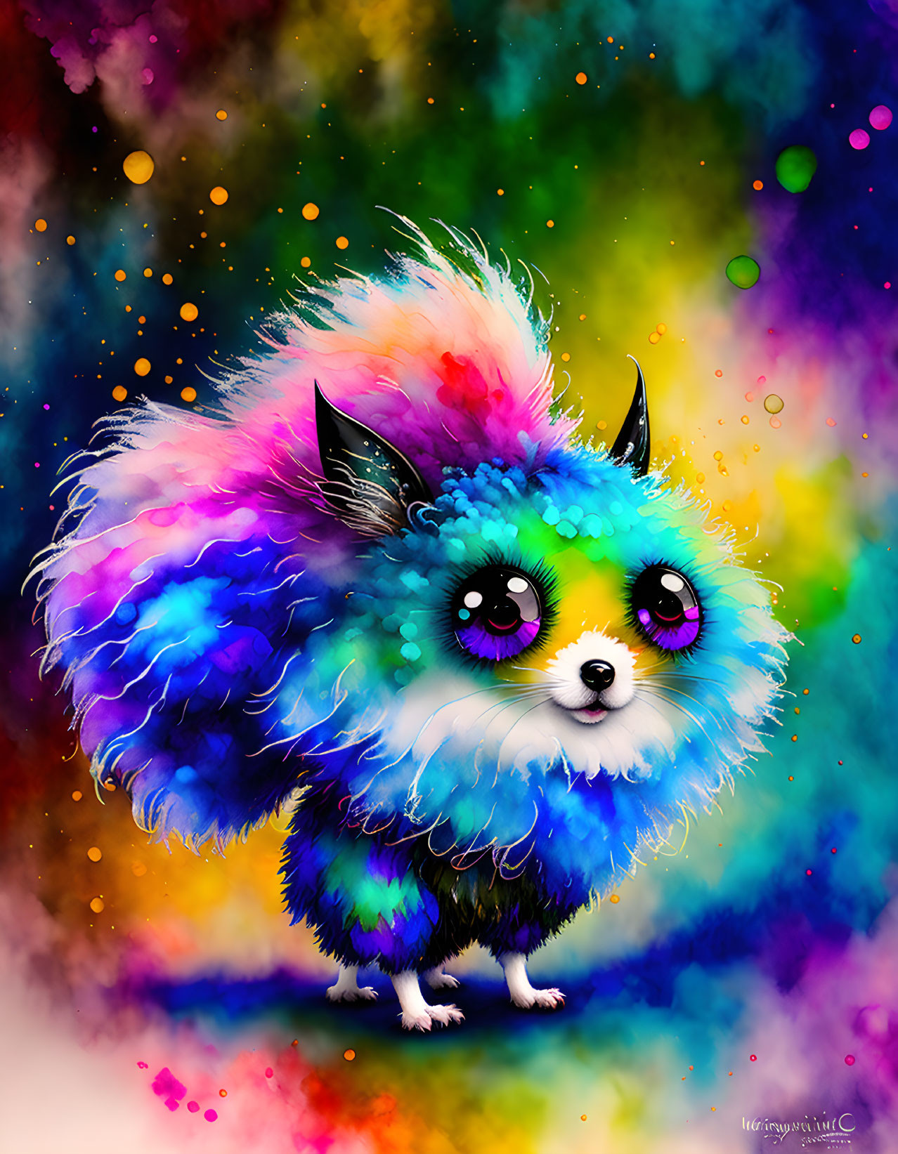 Colorful Fluffy Fantasy Creature Illustration with Rainbow Fur