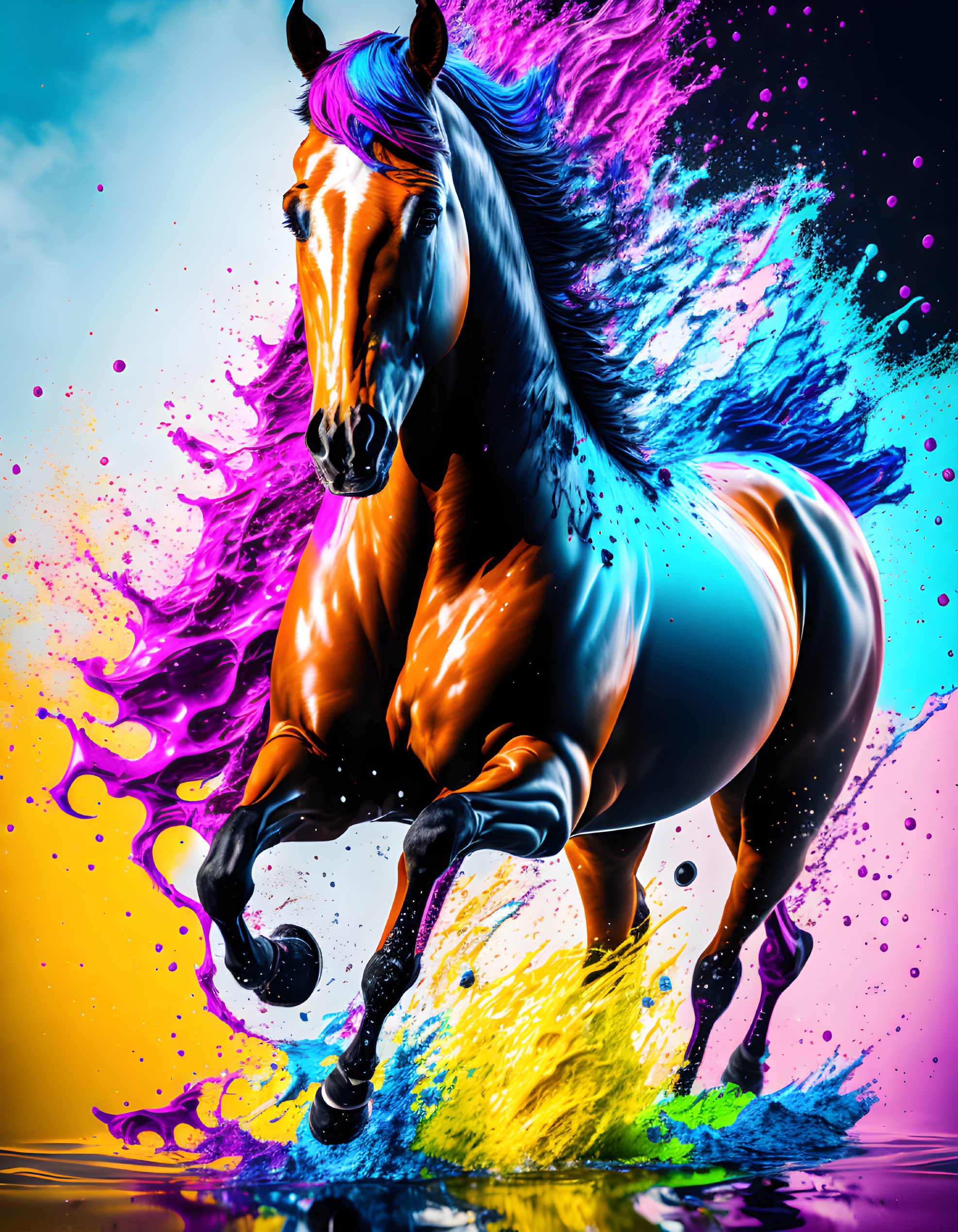 Dynamic Horse Leaping Artwork with Neon Splash