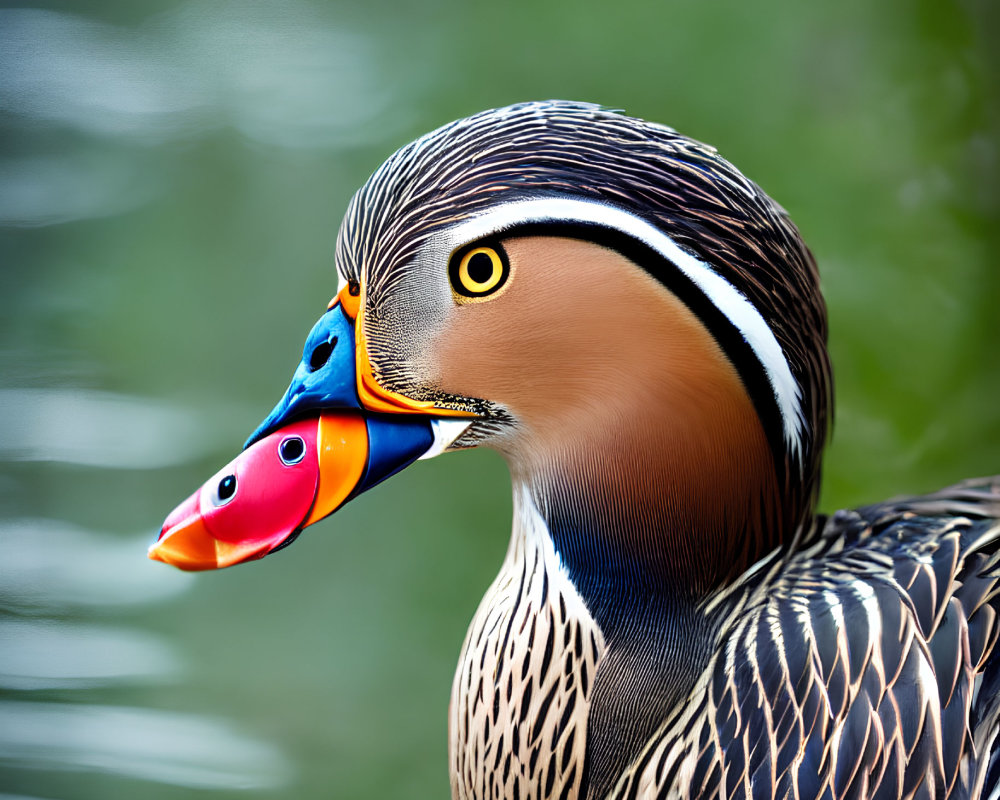 Vibrant Mandarin Duck with Orange, Blue, and Yellow Markings Swimming in Calm Water