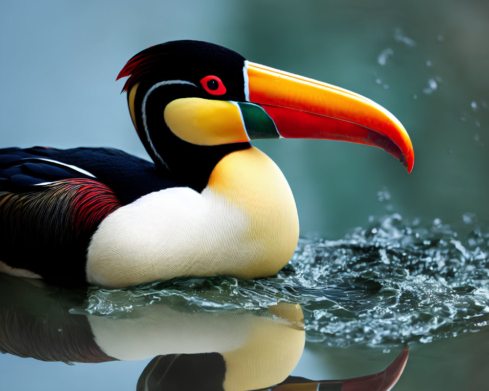 Colorful Toucan with Large Bill Reflected in Water