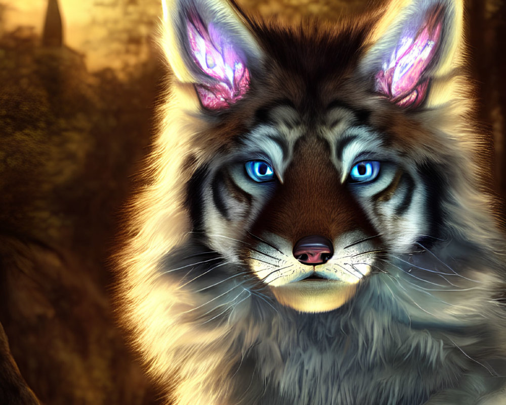 Blue-eyed anthropomorphic feline with intricate markings in autumn forest scene