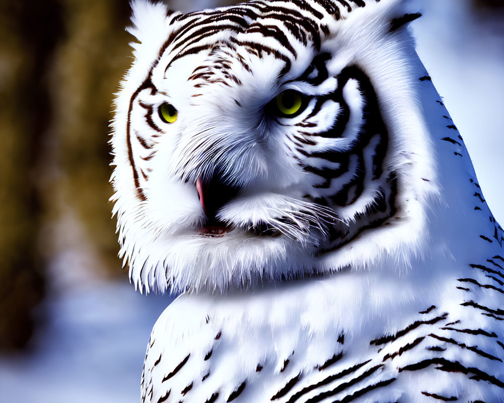 White Tiger with Black Stripes and Green Eyes in Forest Setting