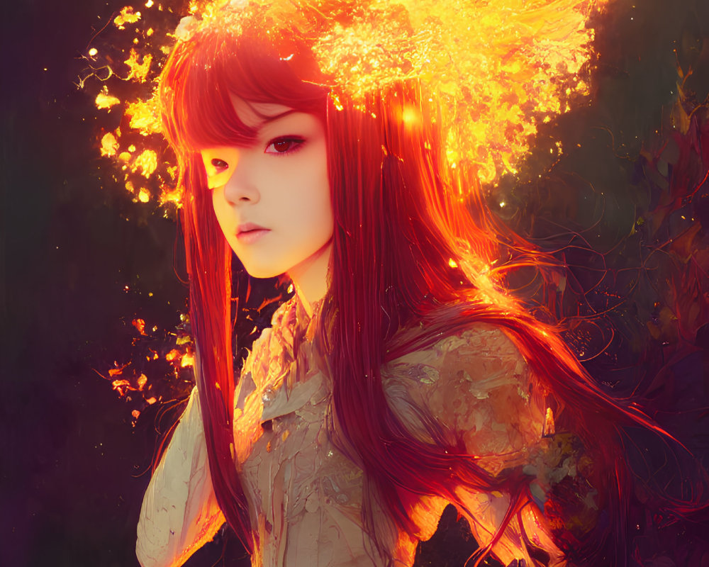 Digital illustration: Woman with fiery hair and glowing embers on dark background