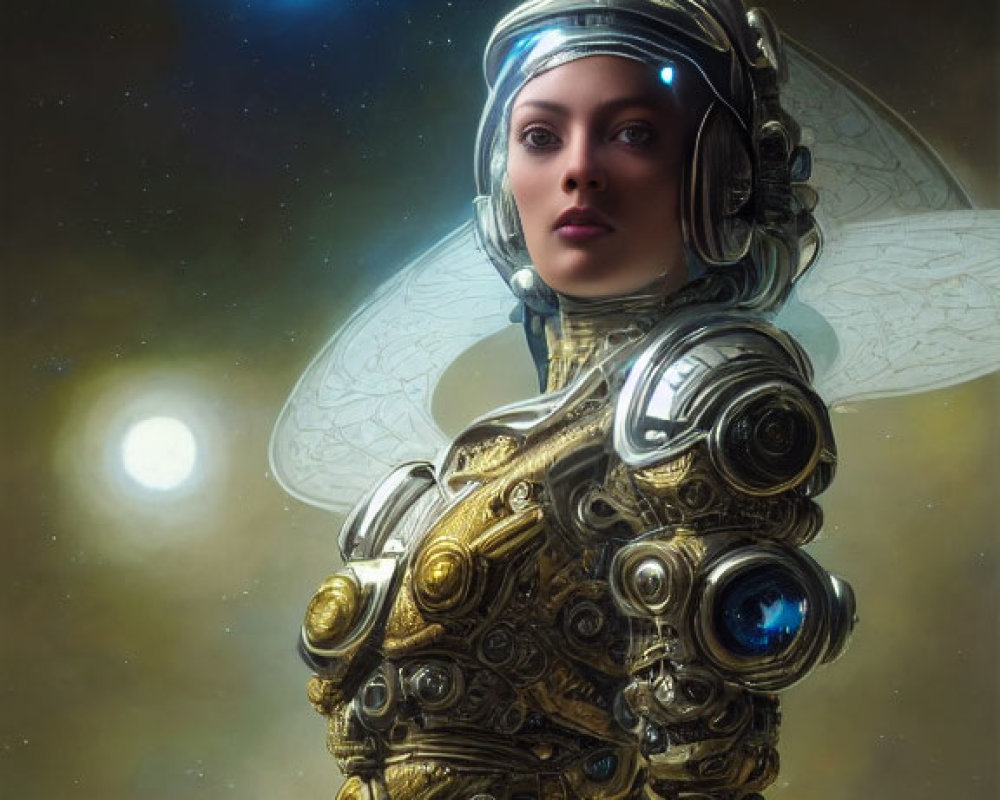 Detailed futuristic spacesuit with transparent wings on woman against cosmic backdrop