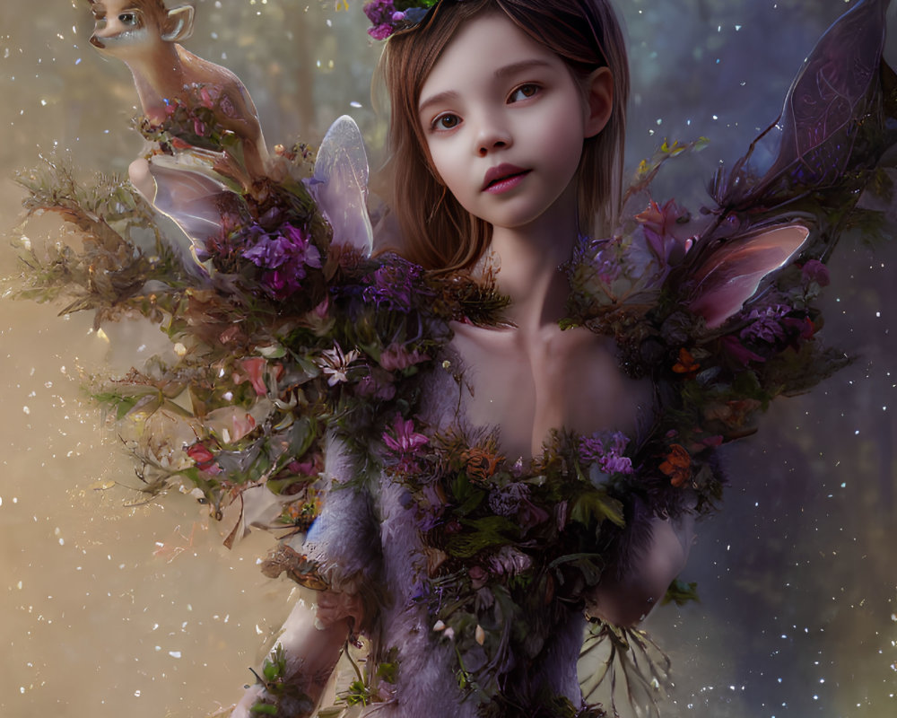 Child with Antlers, Fairy Wings, and Deer in Enchanted Scene