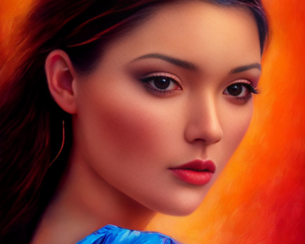 Woman with Striking Makeup in Blue Top on Orange Background