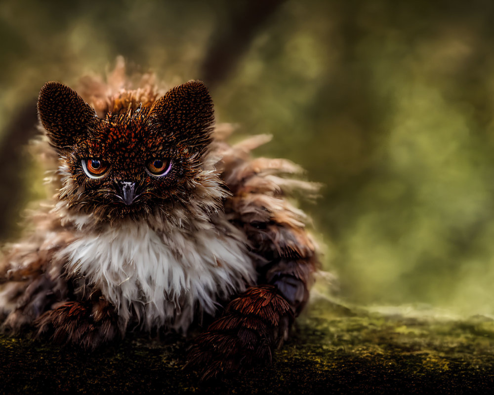 Furry creature with amber eyes and pointed ears on green backdrop