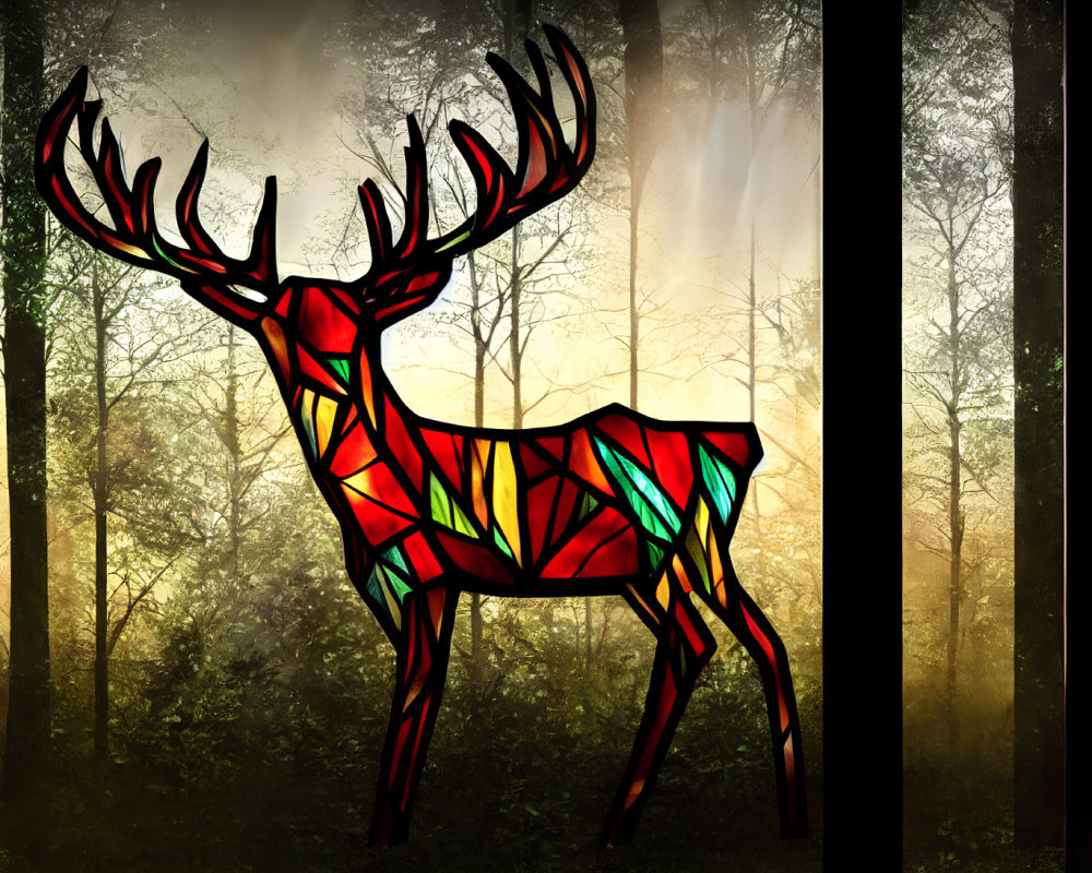 Colorful Stained Glass Deer in Misty Forest Setting