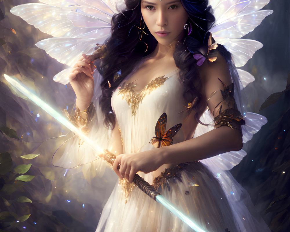 Mystical winged woman with glowing wand in dark forest surrounded by butterflies.