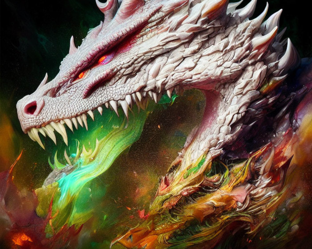 Dual-headed dragon digital artwork with ice and fire breath on mystical background