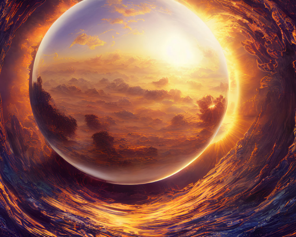 Surreal landscape with luminous orb and fiery sky swirls