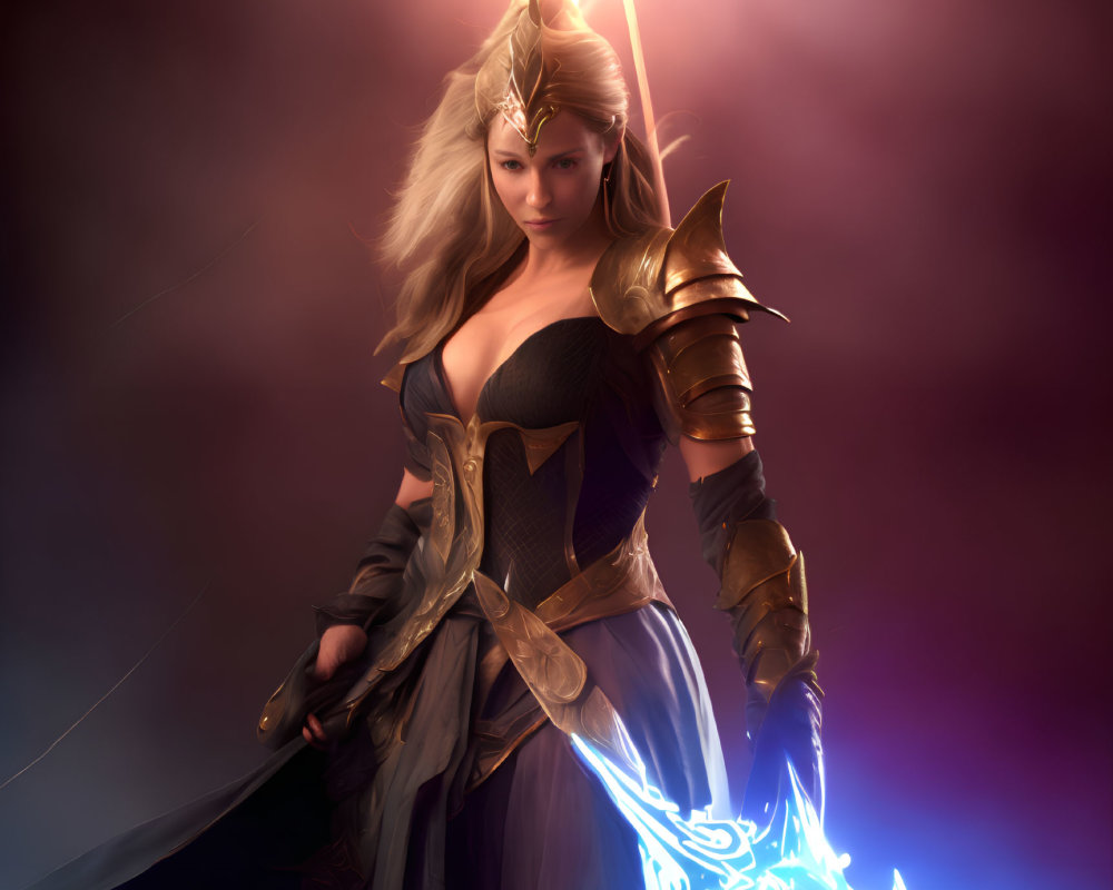 Female warrior with glowing blue axe and fiery torch in golden armor on dramatic red and purple backdrop