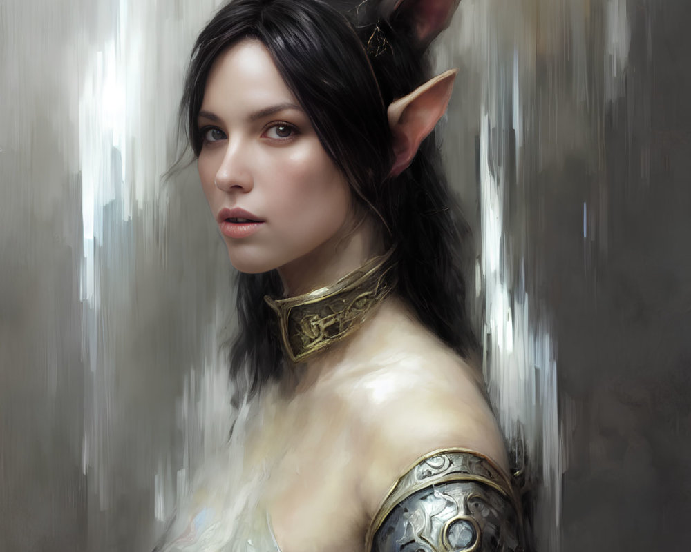 Fantasy female elf portrait with pointed ears, dark hair, and ornate metallic armor