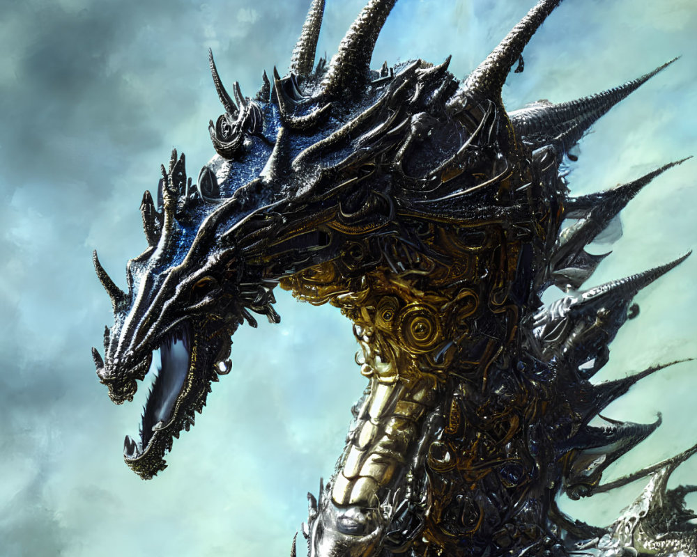 Majestic dragon with intricate scales and horns against cloudy sky